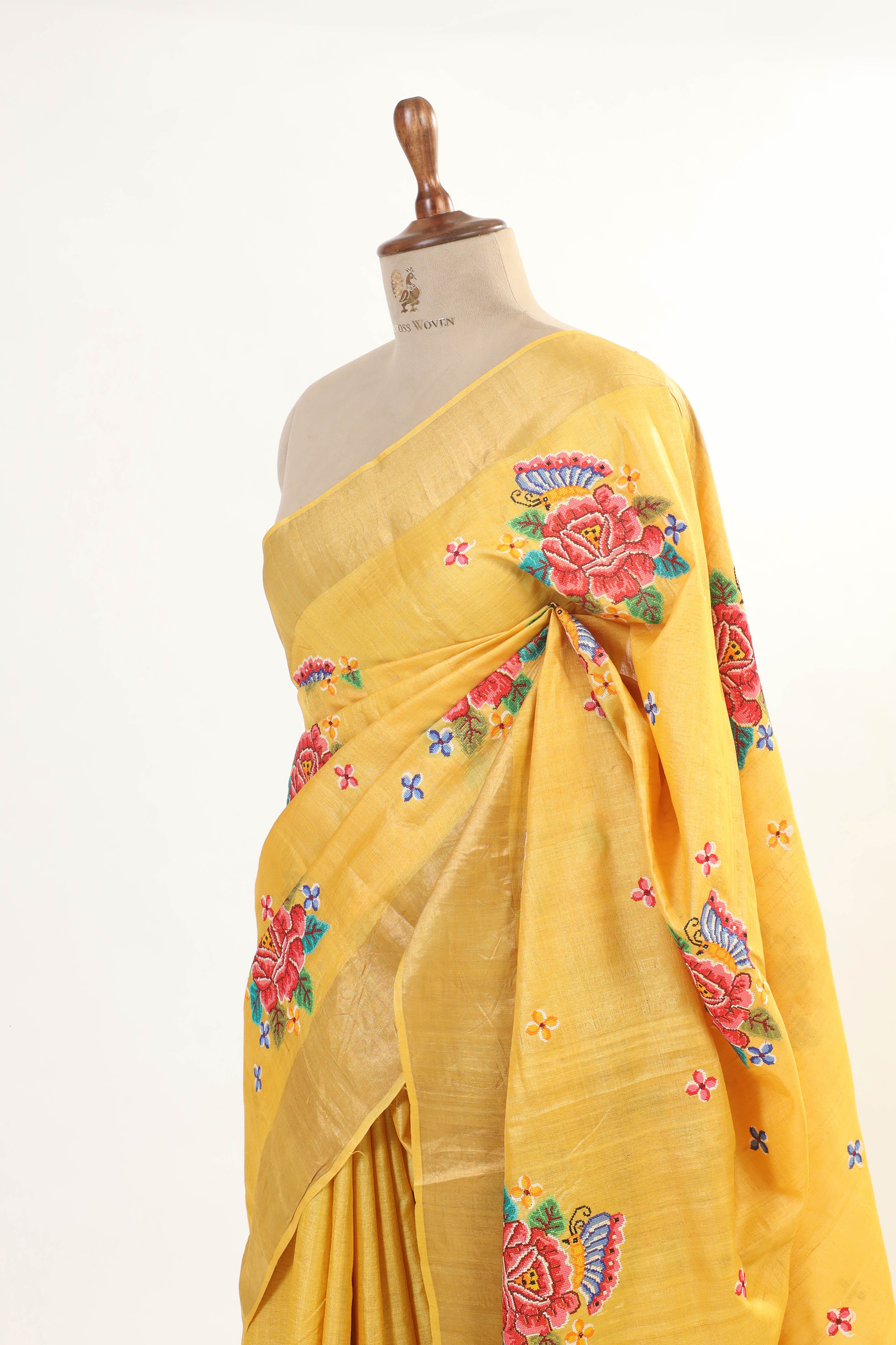 Yellow Tussar Silk Saree with Intricate Floral Embroidery and Subtle Golden Border