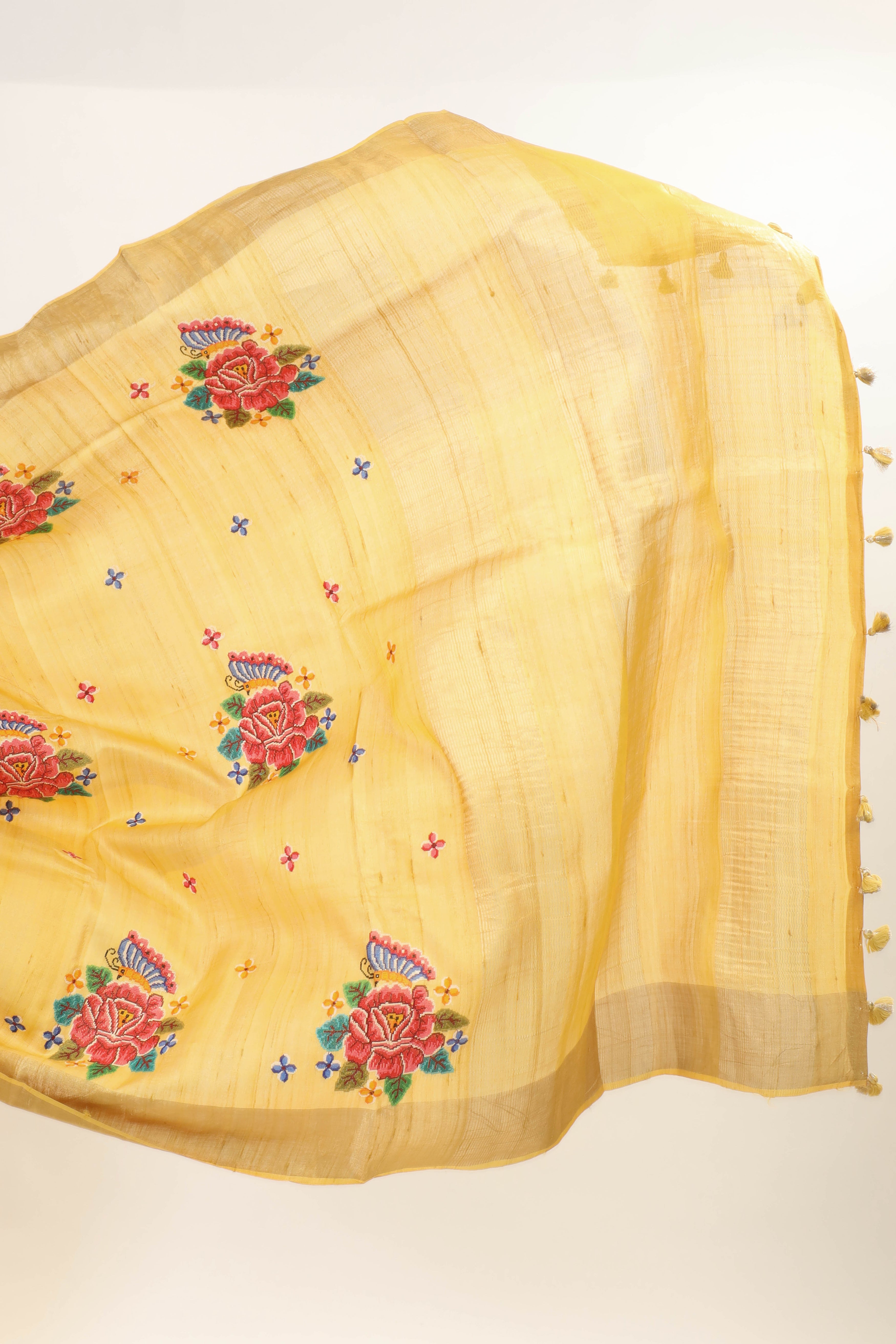 Yellow Tussar Silk Saree with Intricate Floral Embroidery and Subtle Golden Border