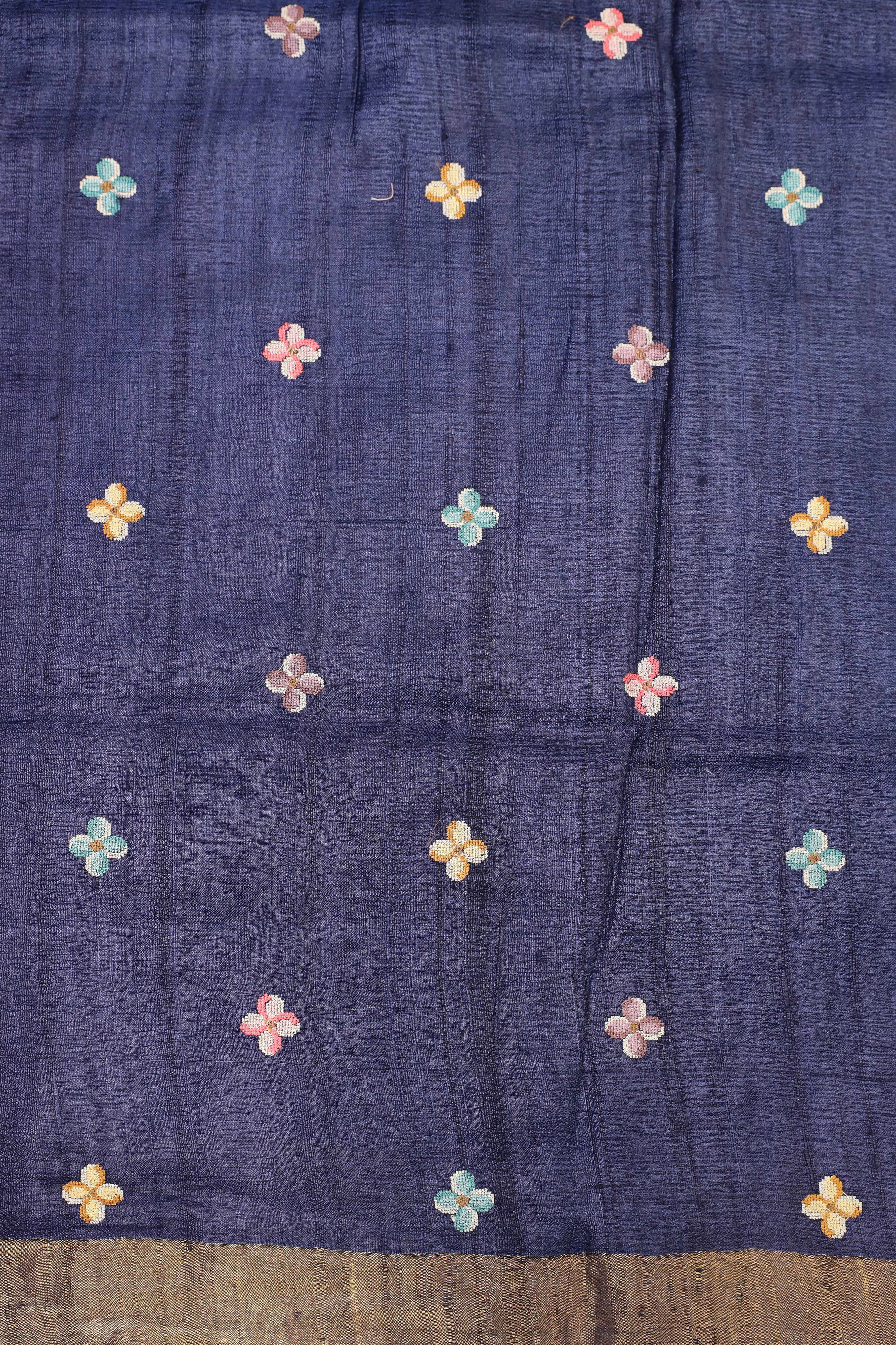 Royal Blue Tussar Silk Saree with Intricate Floral and Bird Embroidery and Subtle Golden Border