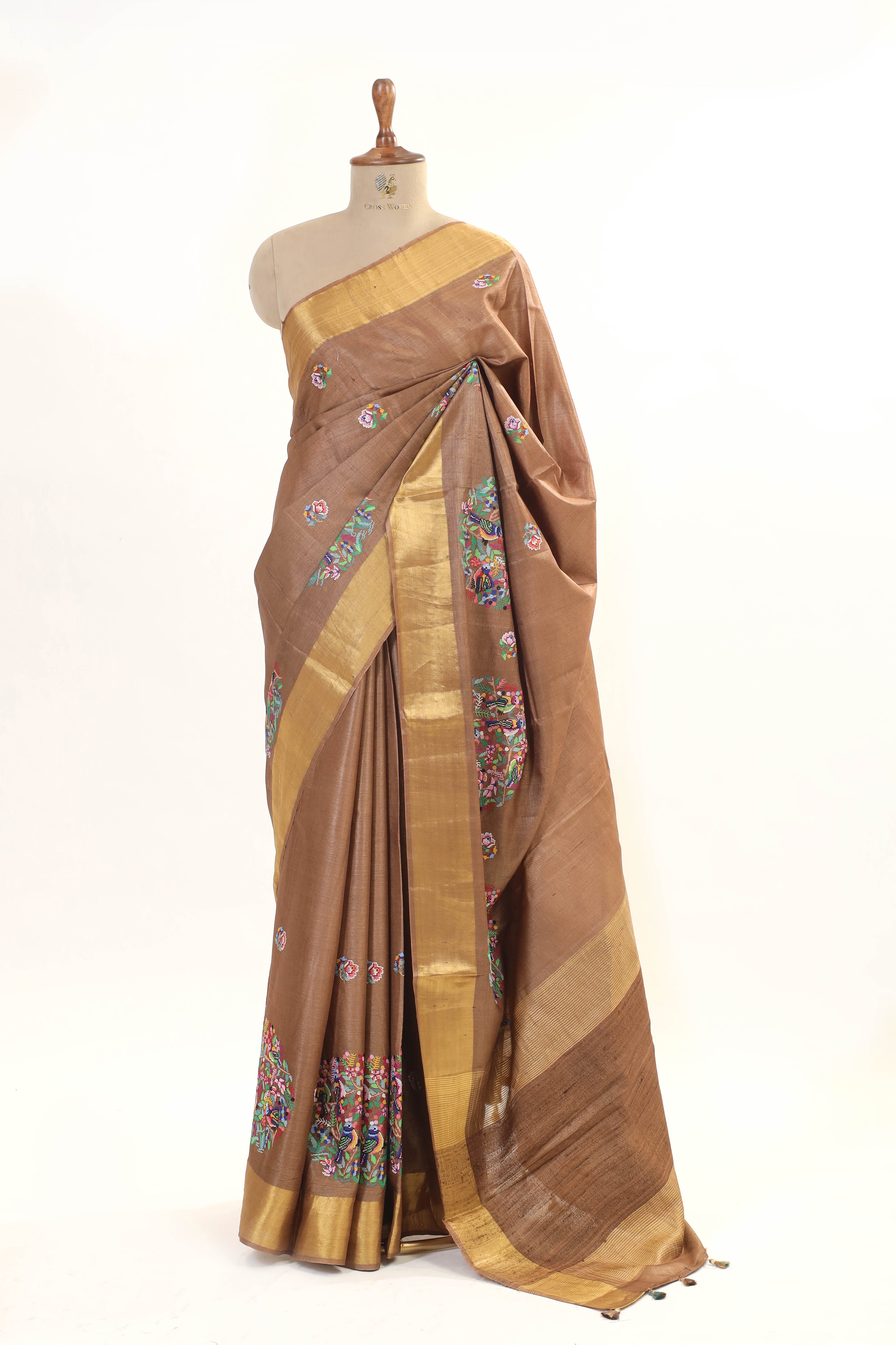 Dull Brown Tusser Silk Saree With Intricate Multicolor Bird Embroidery