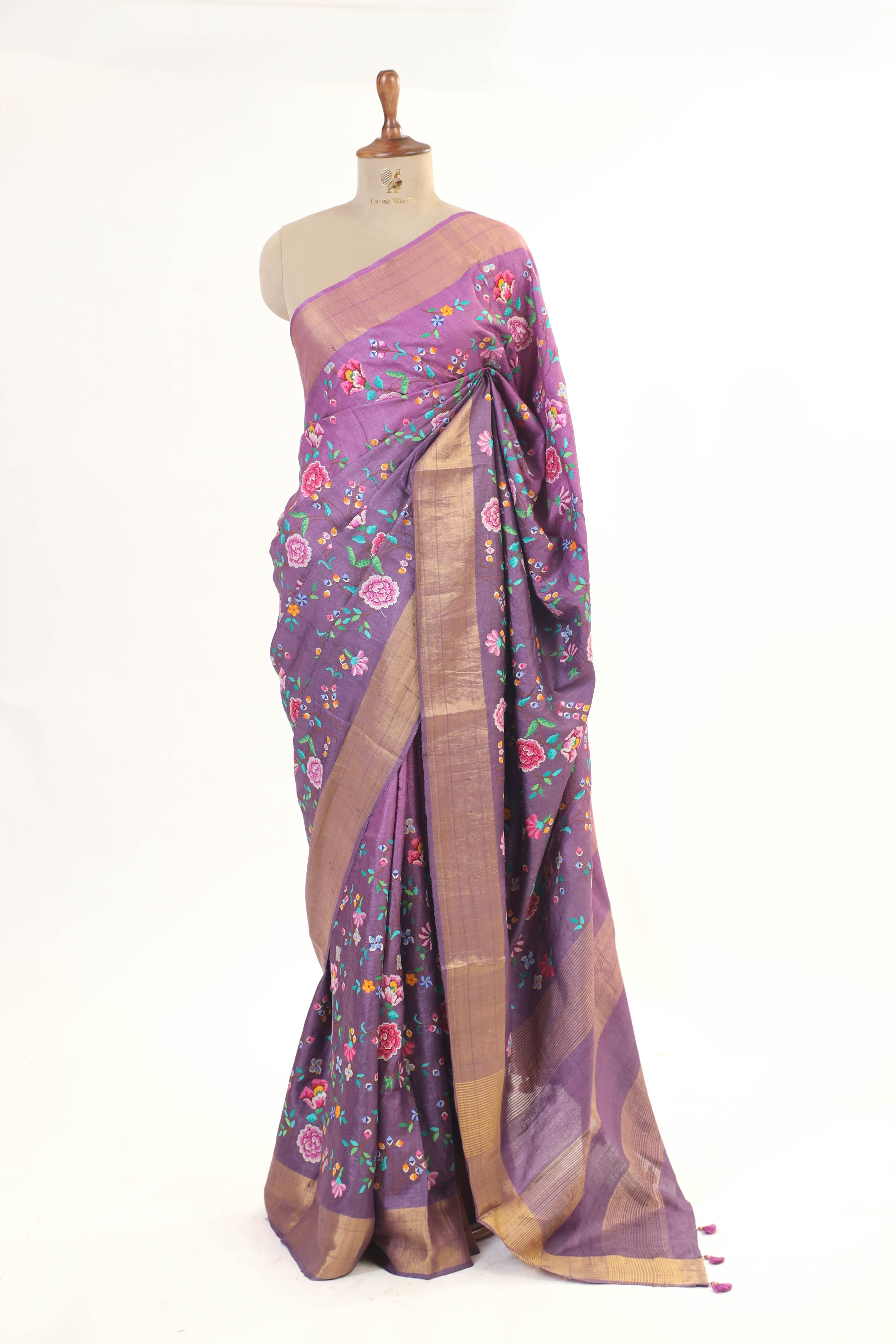 Plum Purple Tussar Silk Saree with Floral Embroidery and Elegant Golden Border