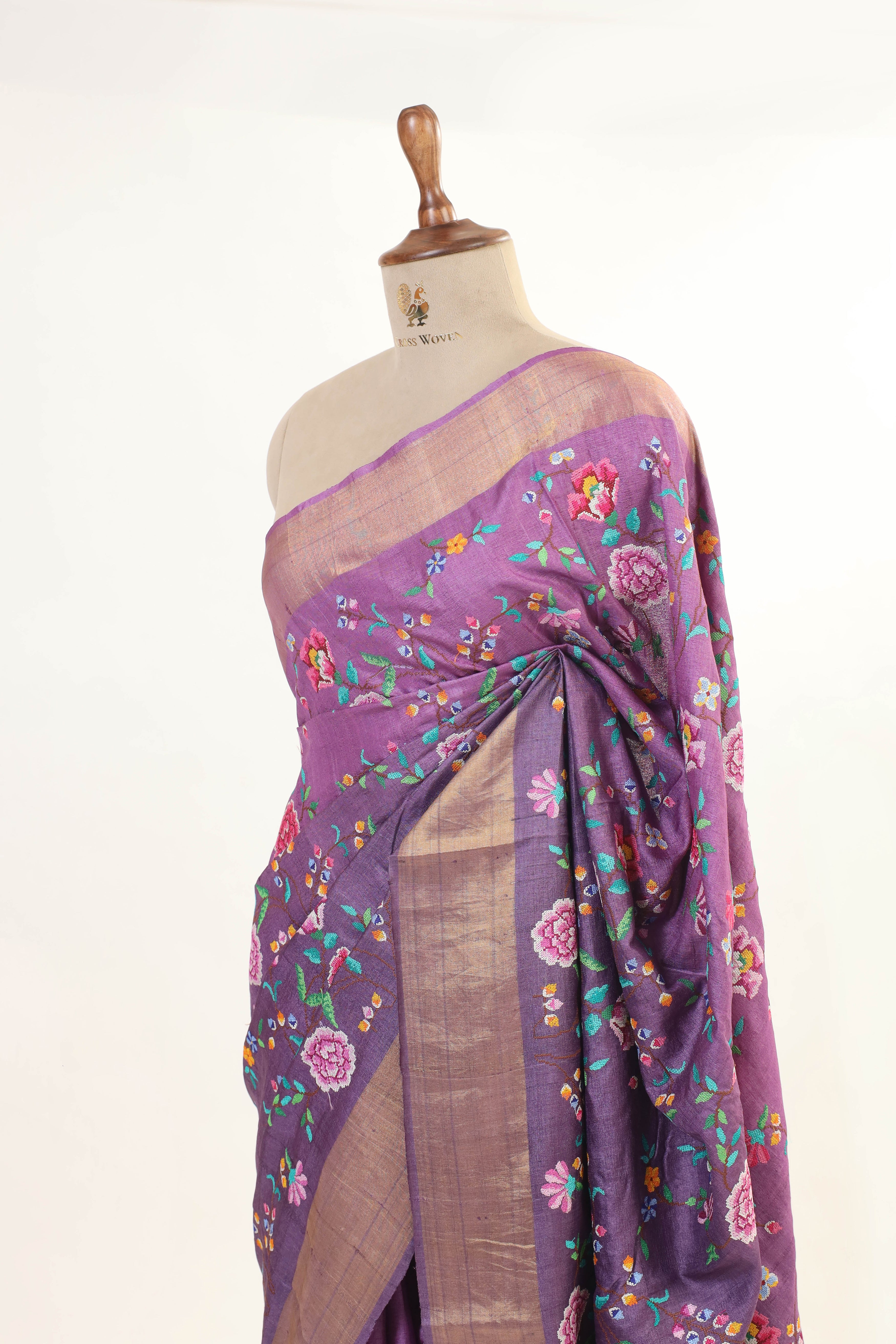 Plum Purple Tussar Silk Saree with Floral Embroidery and Elegant Golden Border