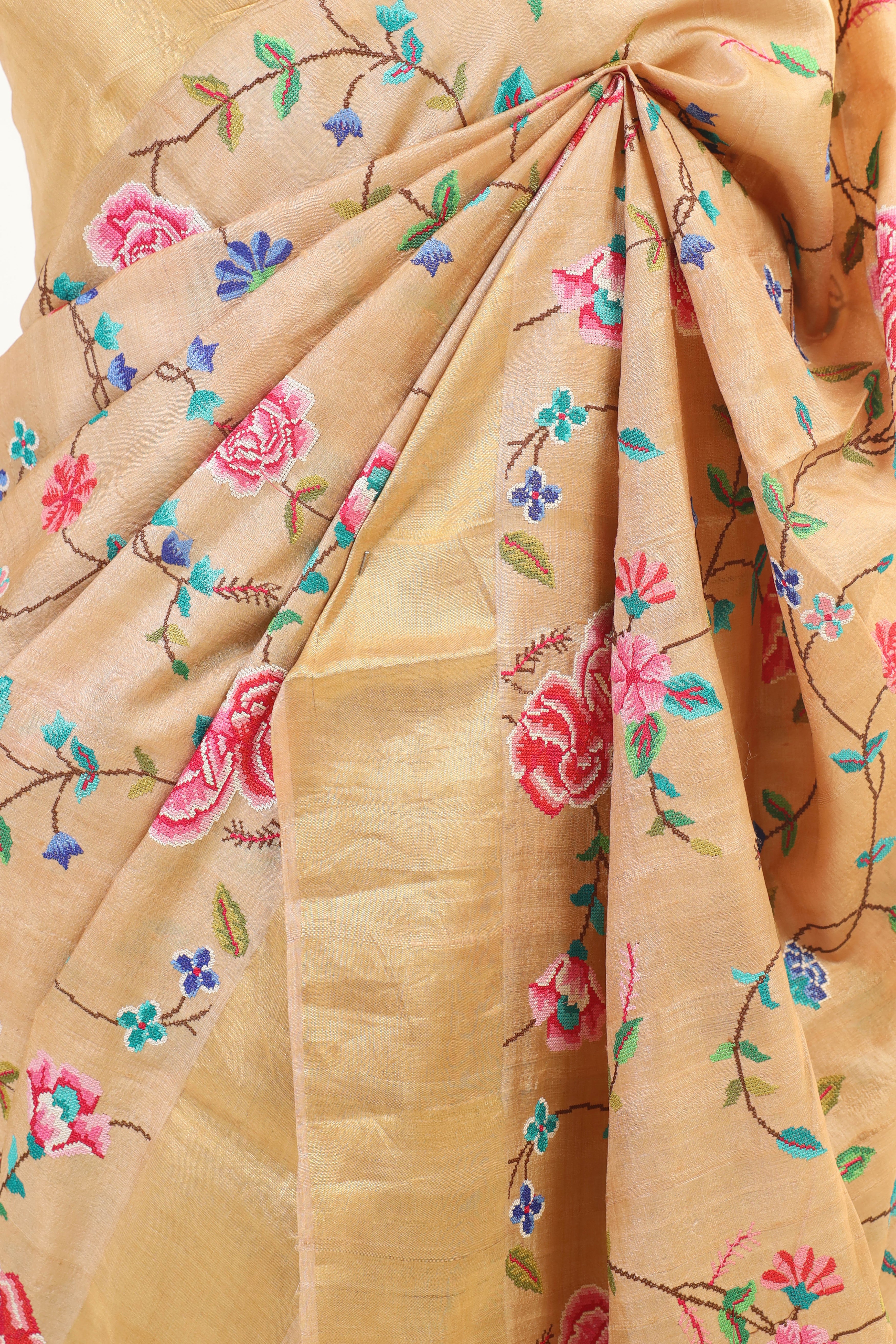 Beige Tussar Silk Saree with Intricate Machine Embroidery and Elegant Golden Border