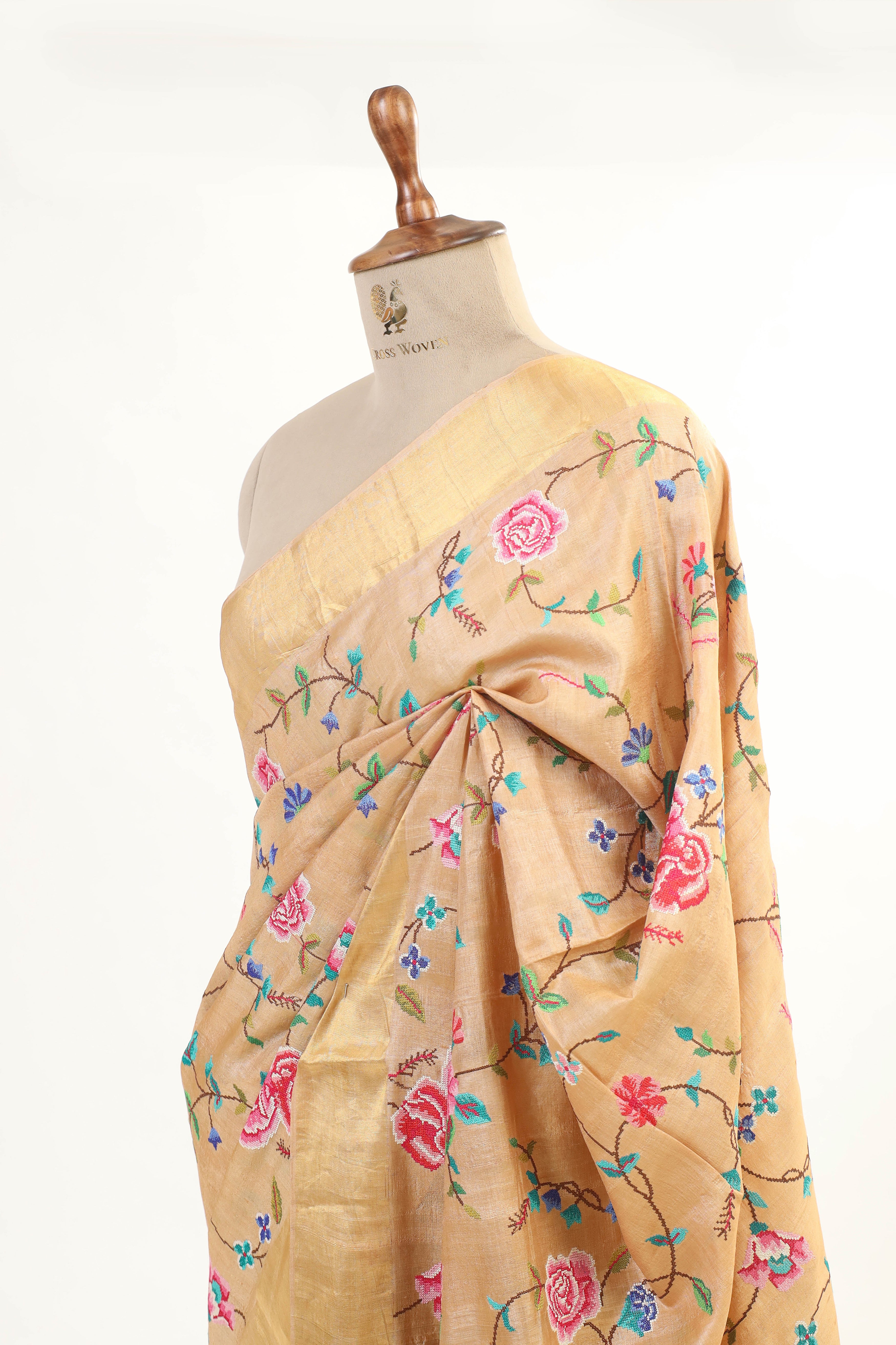 Beige Tussar Silk Saree with Intricate Machine Embroidery and Elegant Golden Border