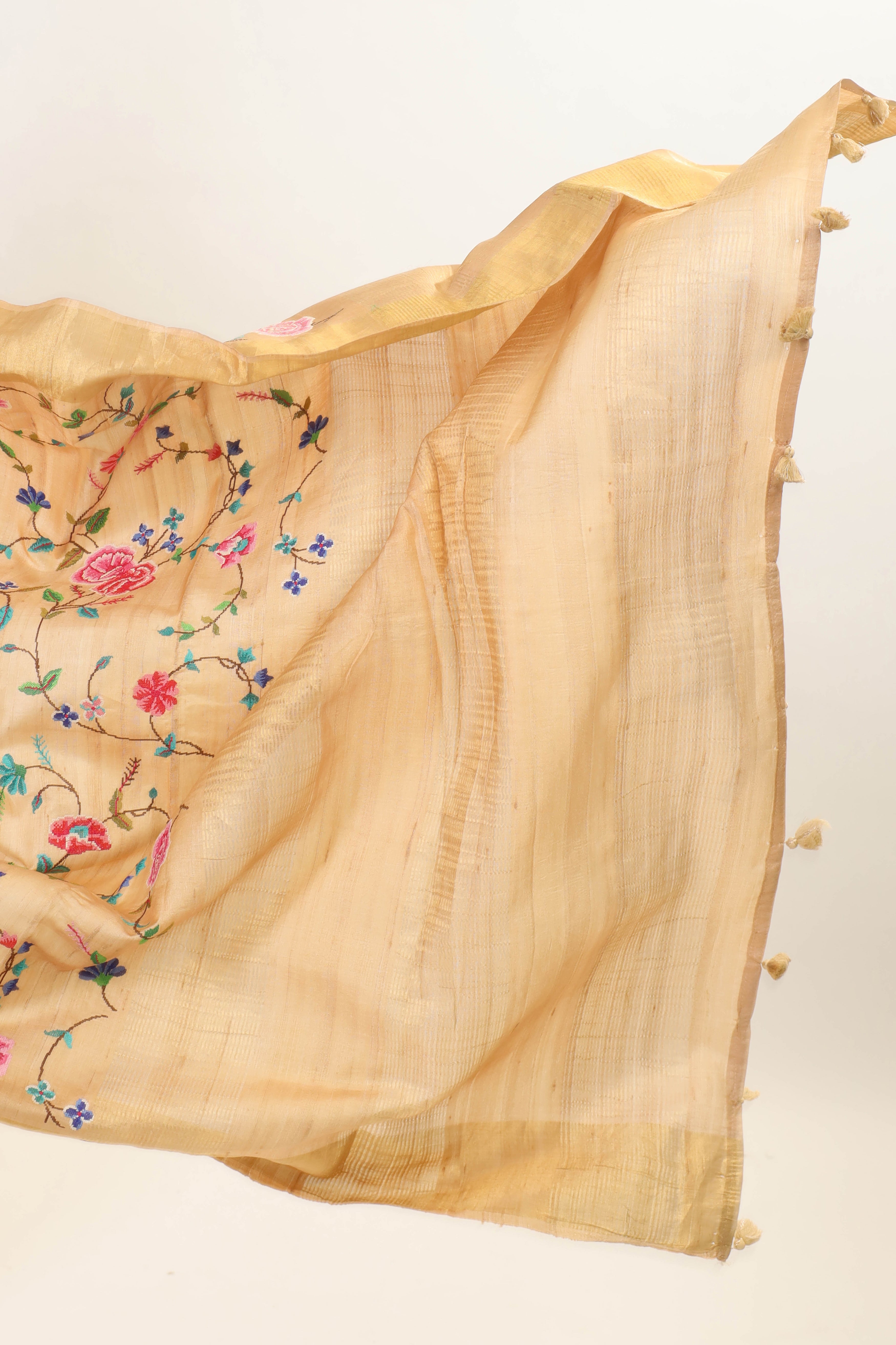 Beige Tussar Silk Saree with Intricate Machine Embroidery and Elegant Golden Border