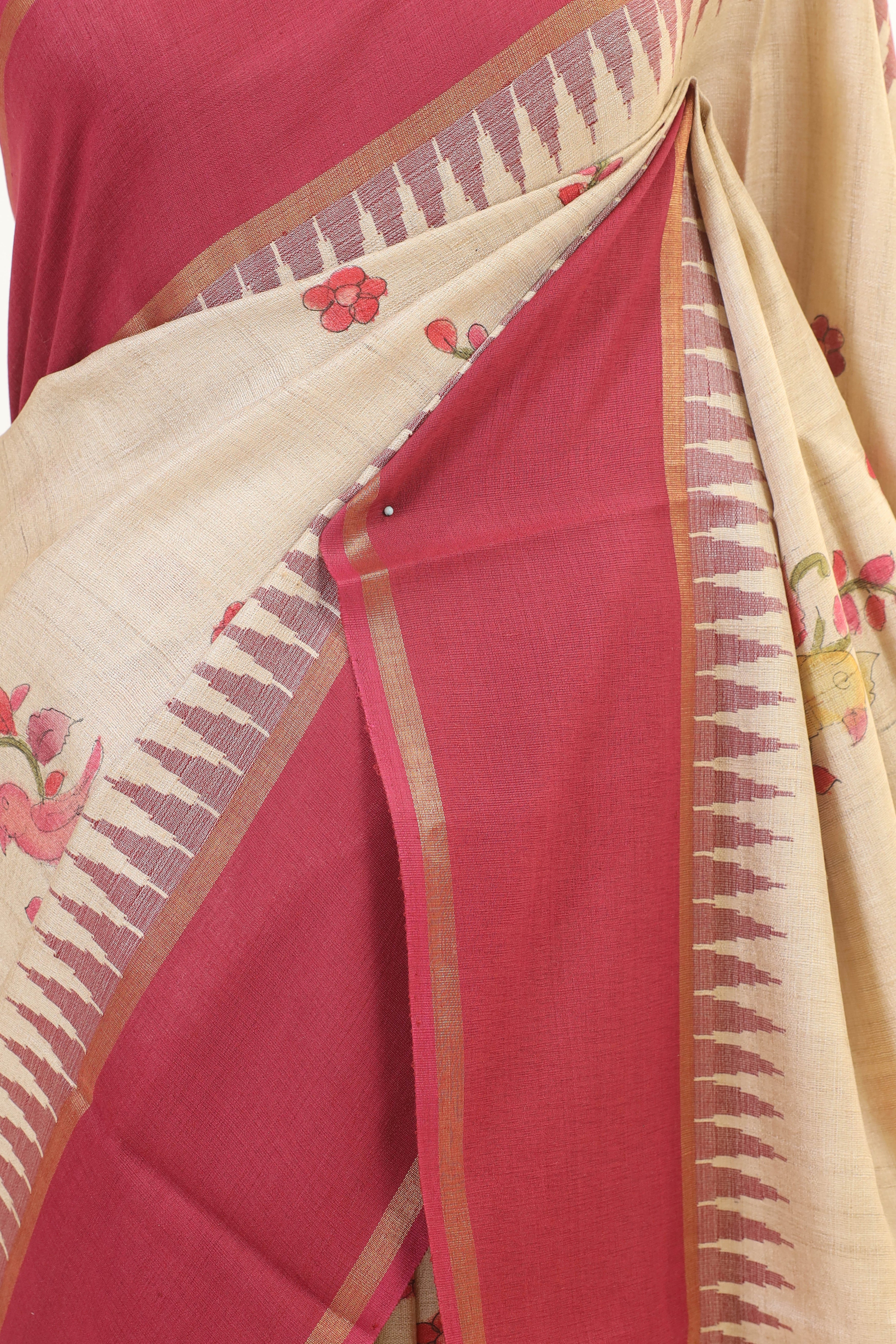 Beige & Deep Maroon Tusser Silk Saree With Floral Print and Temple Border