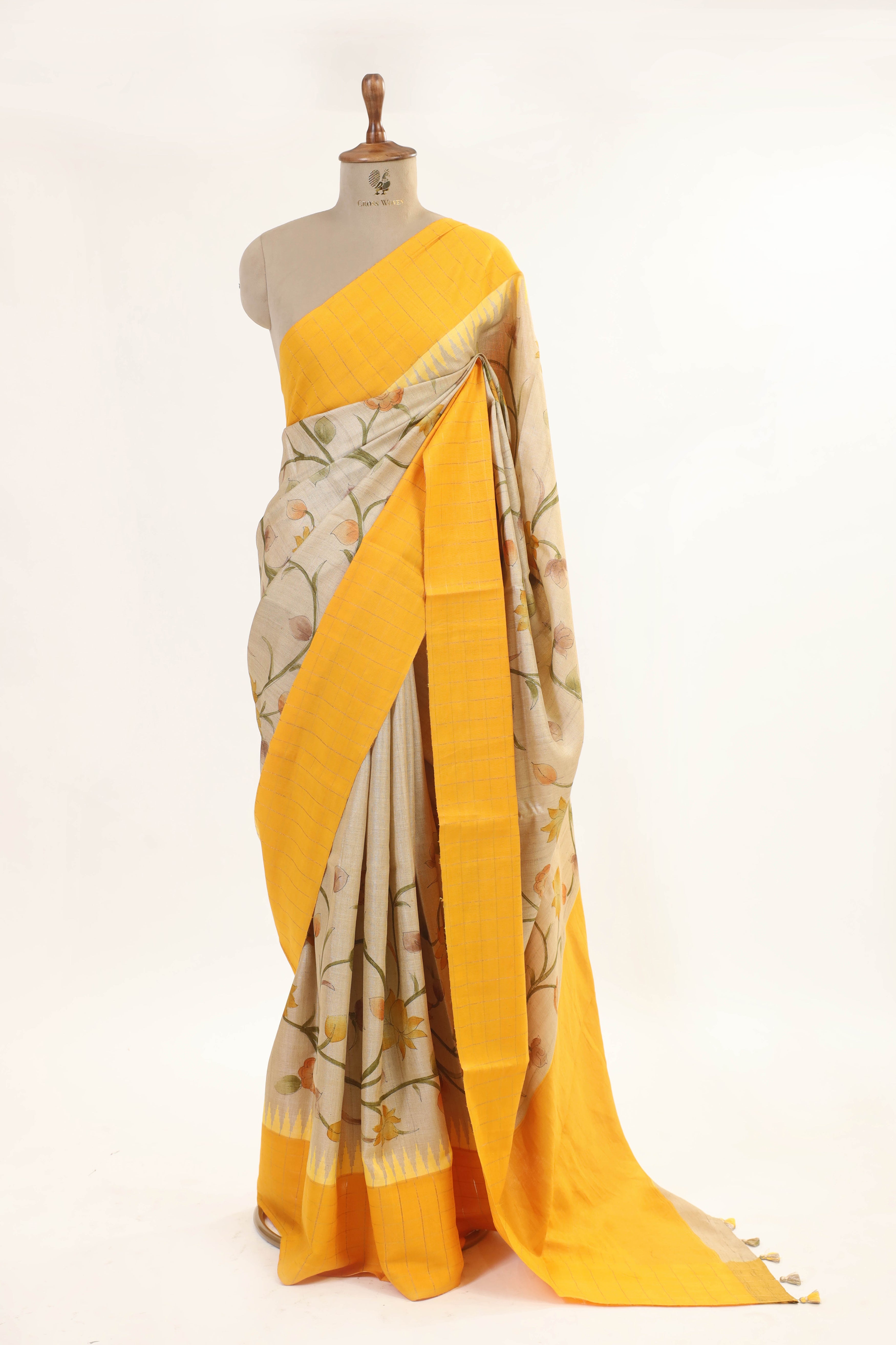 Beige And Yellow Tusser Silk Saree With Handbrush Floral Work