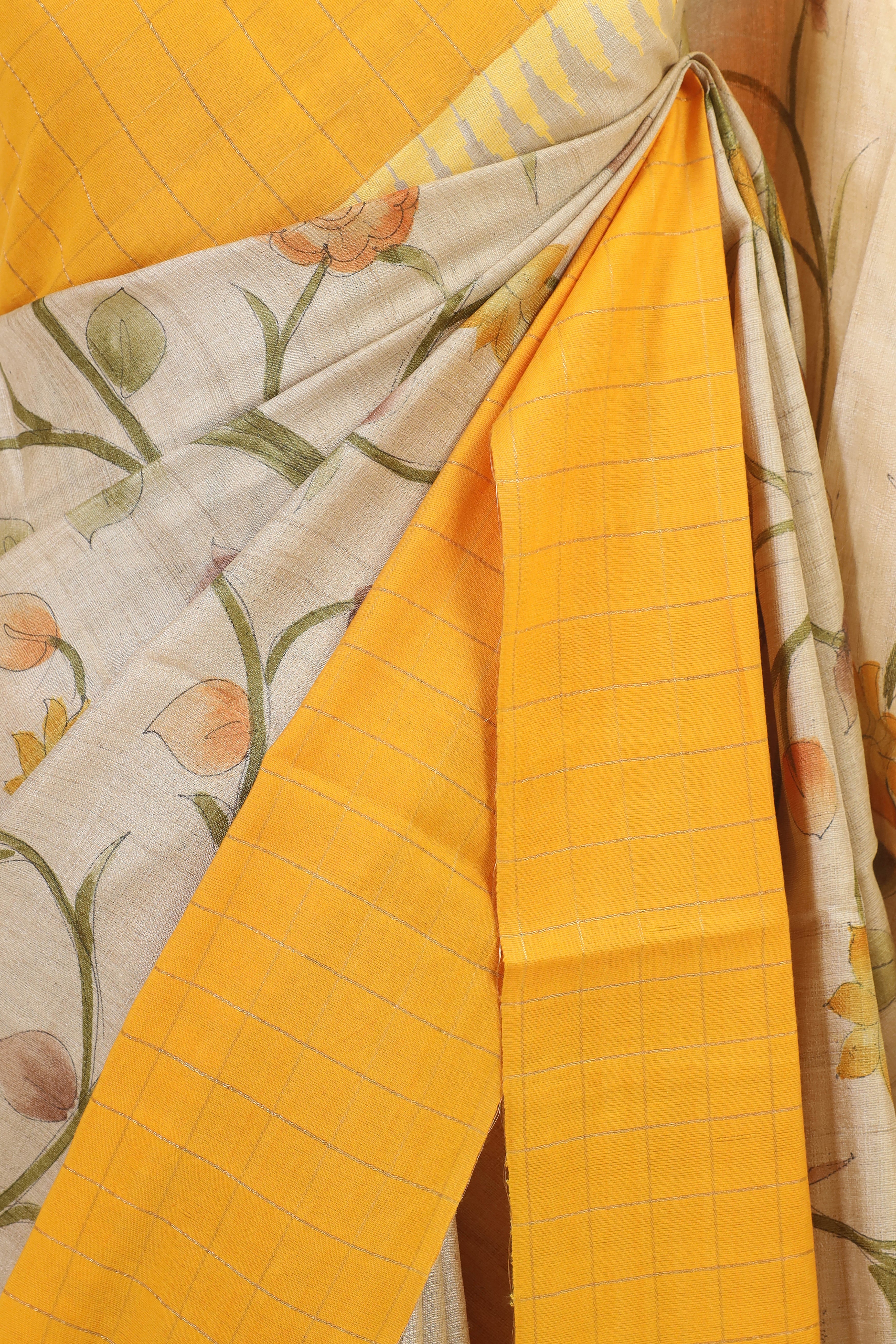 Beige And Yellow Tusser Silk Saree With Handbrush Floral Work