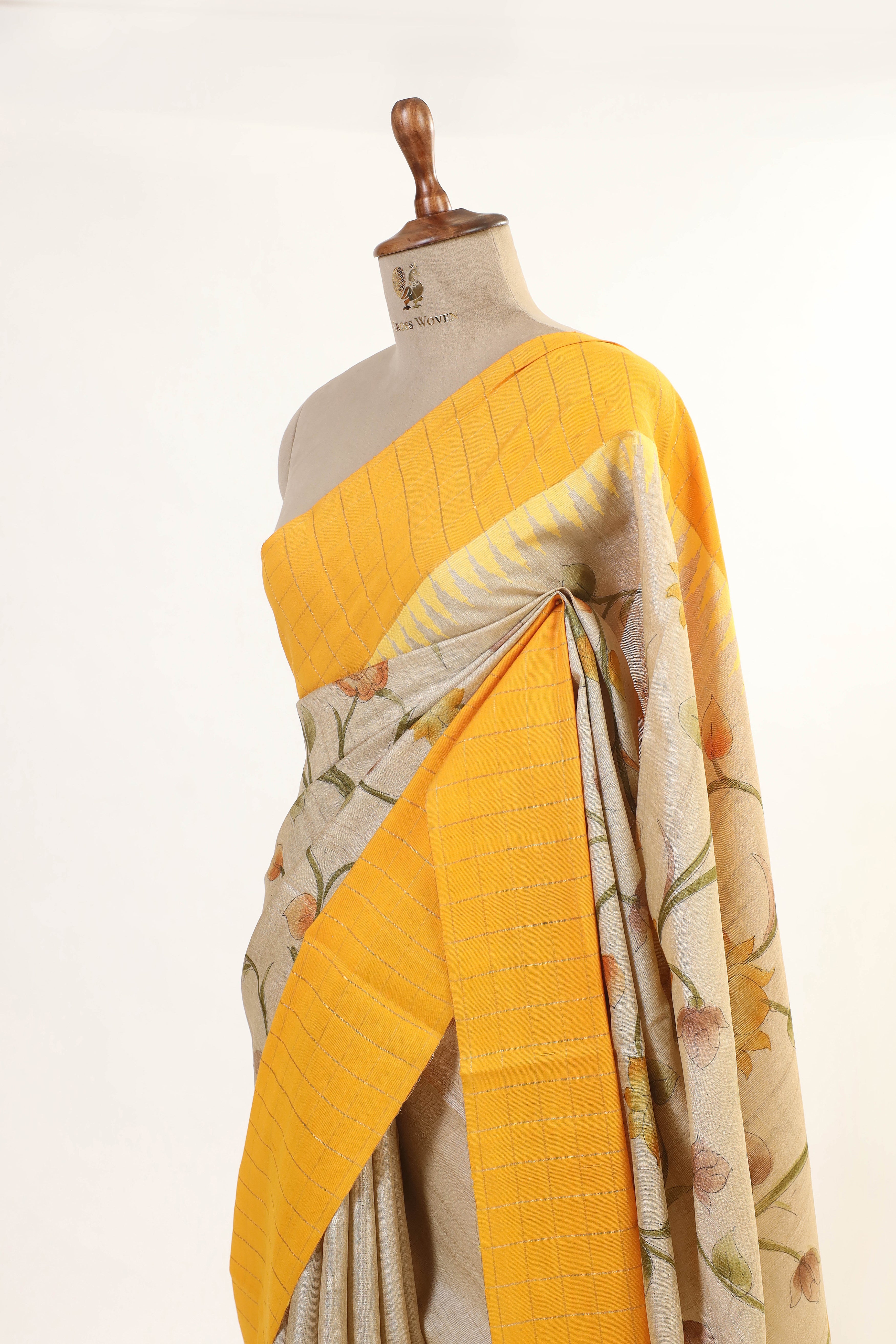 Beige And Yellow Tusser Silk Saree With Handbrush Floral Work