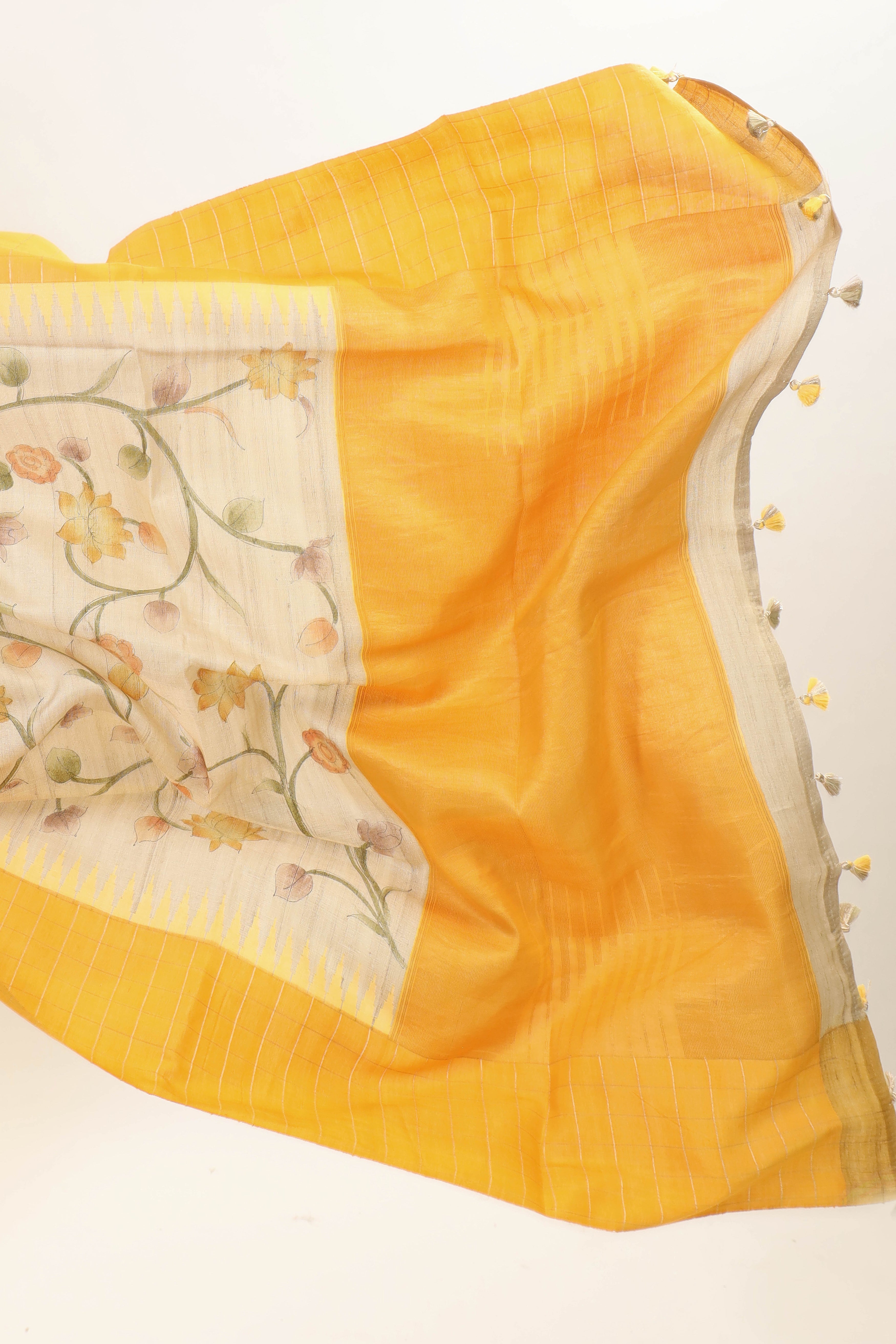 Beige And Yellow Tusser Silk Saree With Handbrush Floral Work