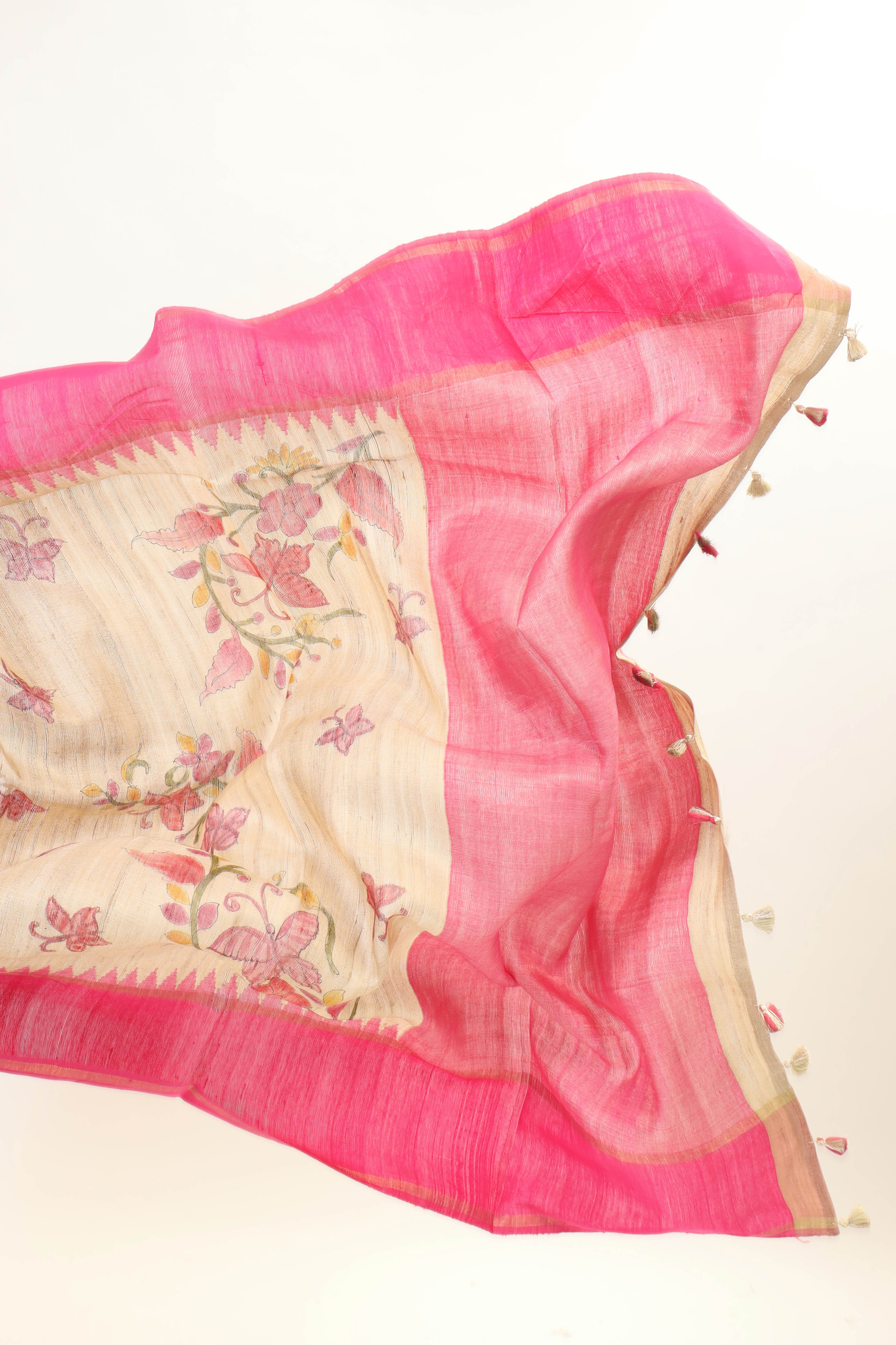 Beige And Pink Tusser Silk Saree With Handbrush Floral Work