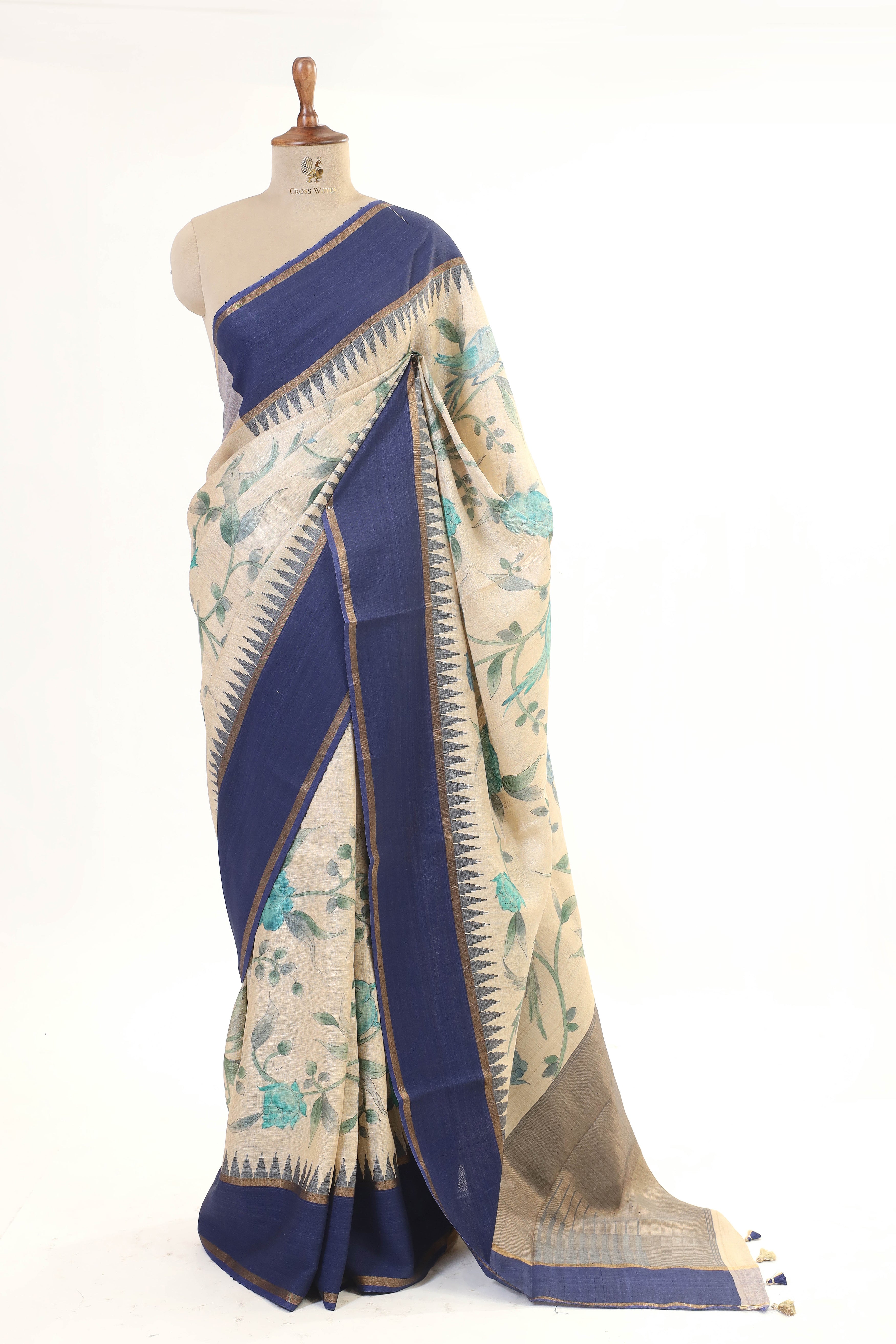 Beige And Navy Tusser Silk Saree With Handbrush Floral Work