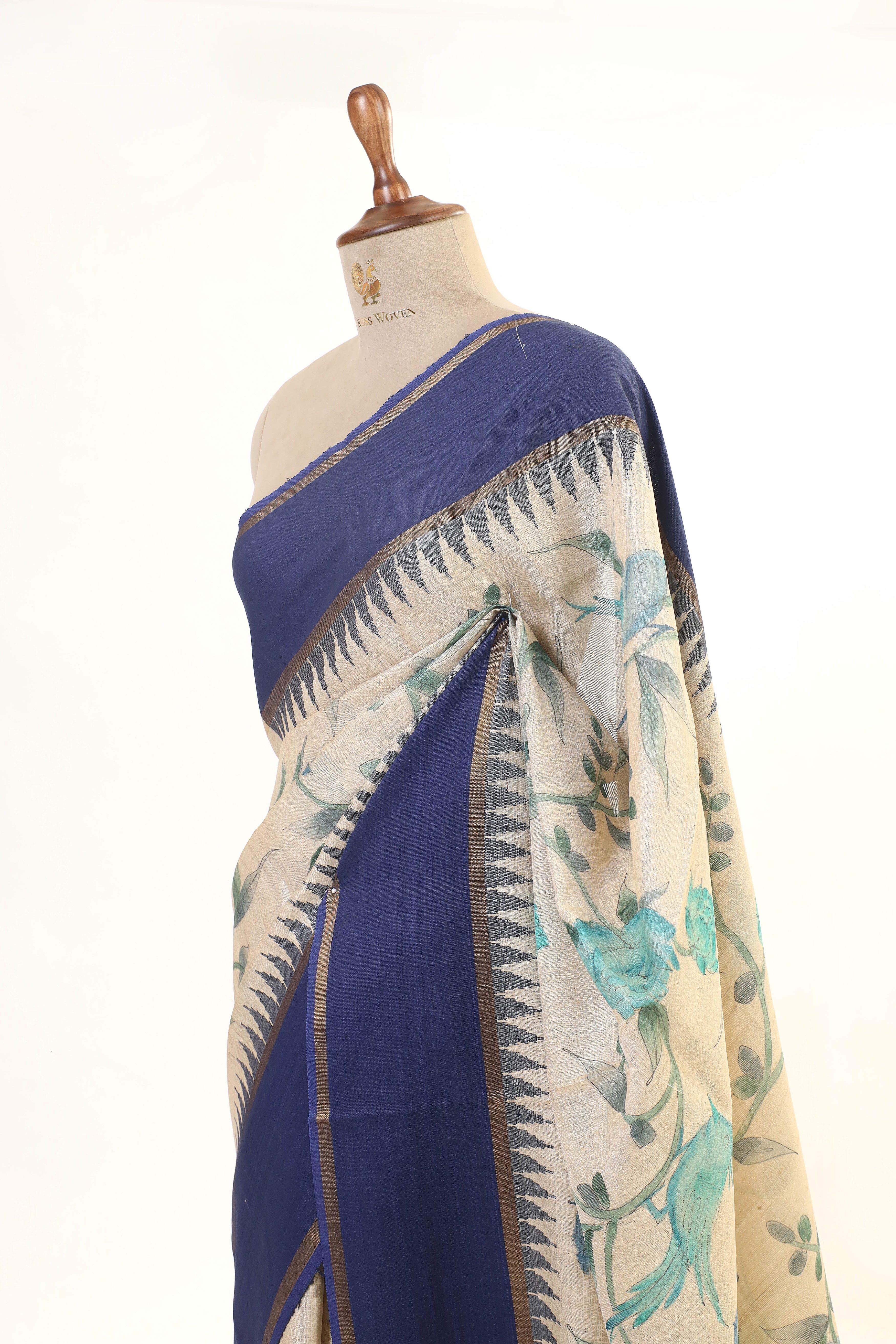 Beige And Navy Tusser Silk Saree With Handbrush Floral Work