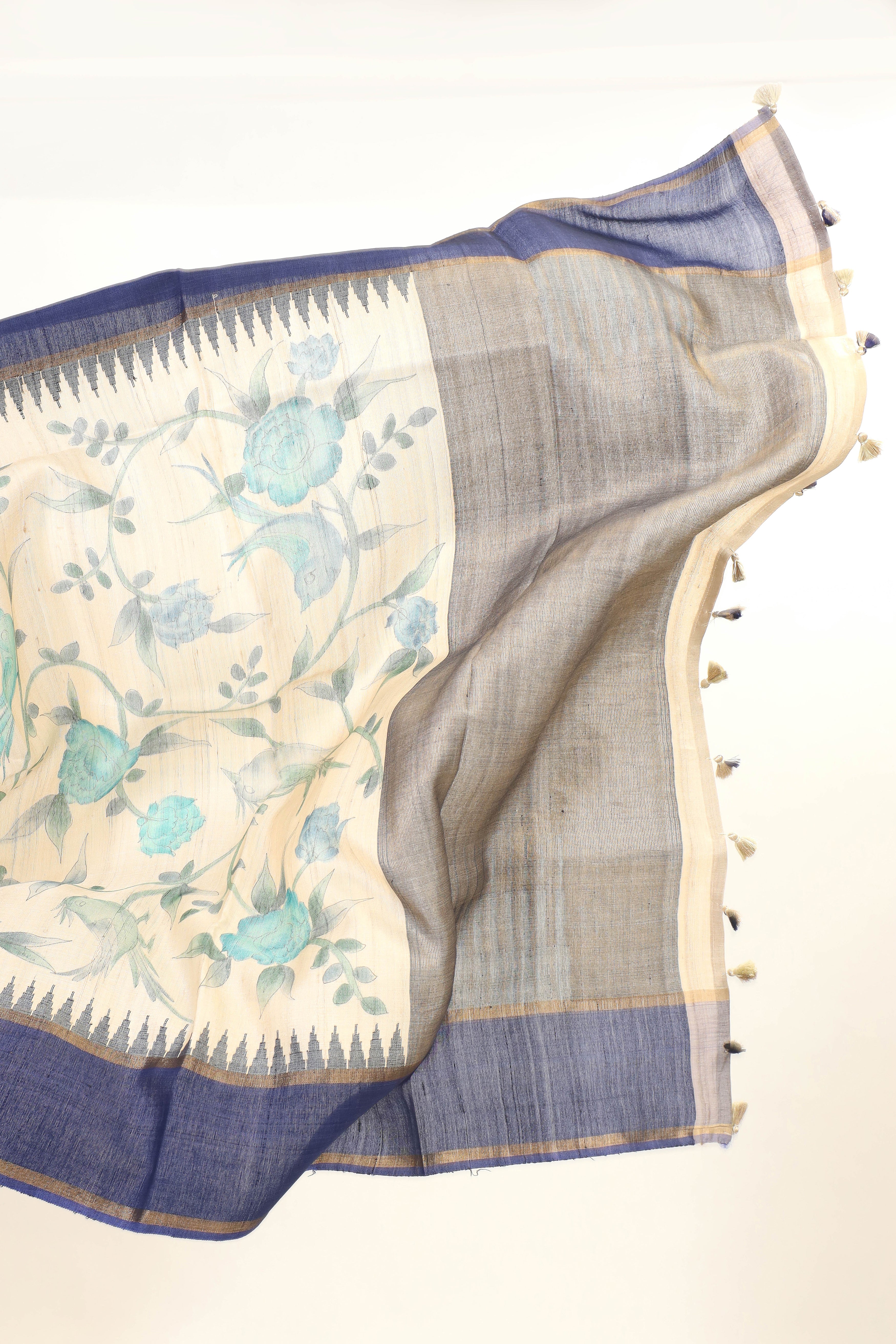 Beige And Navy Tusser Silk Saree With Handbrush Floral Work