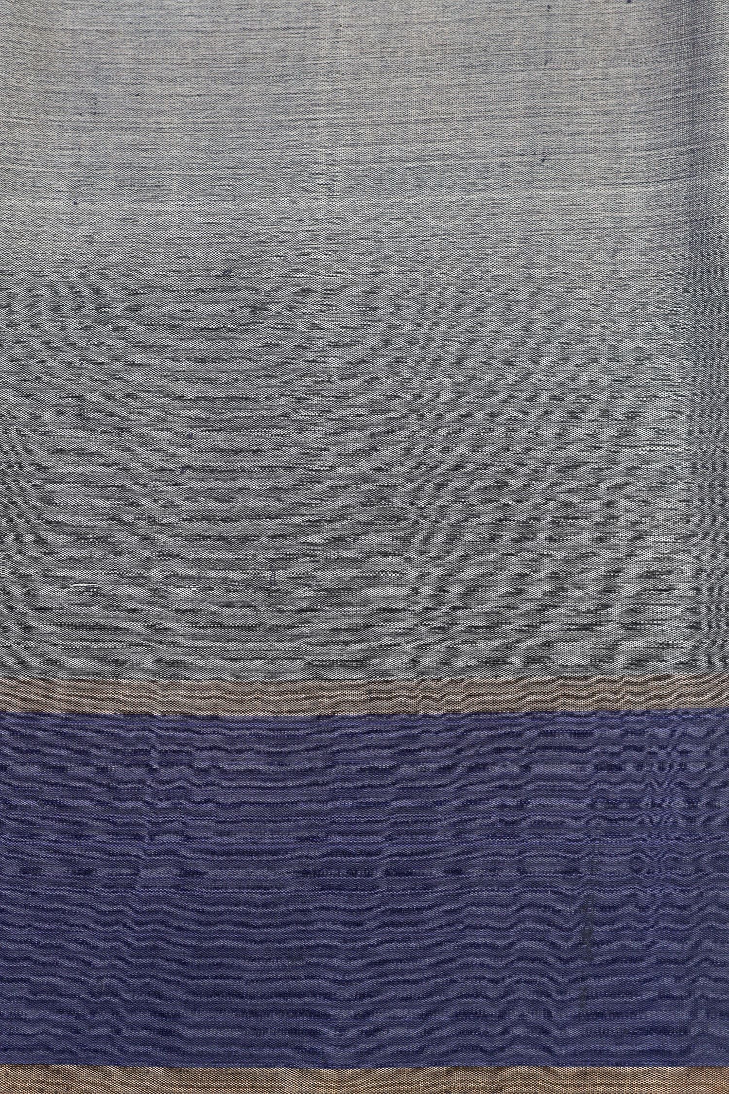 Beige And Navy Tusser Silk Saree With Handbrush Floral Work