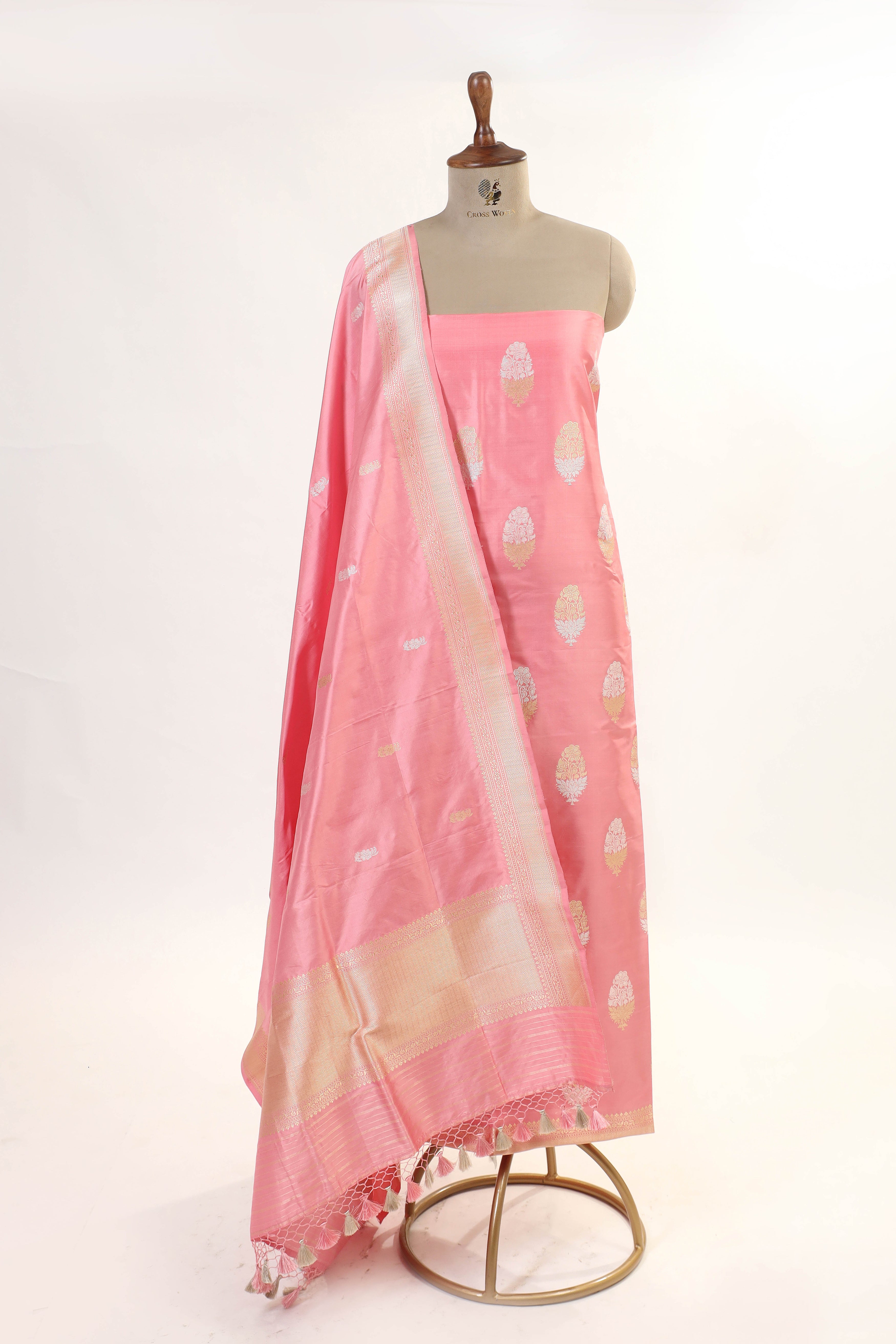 Pastel Pink Katan Silk Suit Set With Handwoven Dupatta