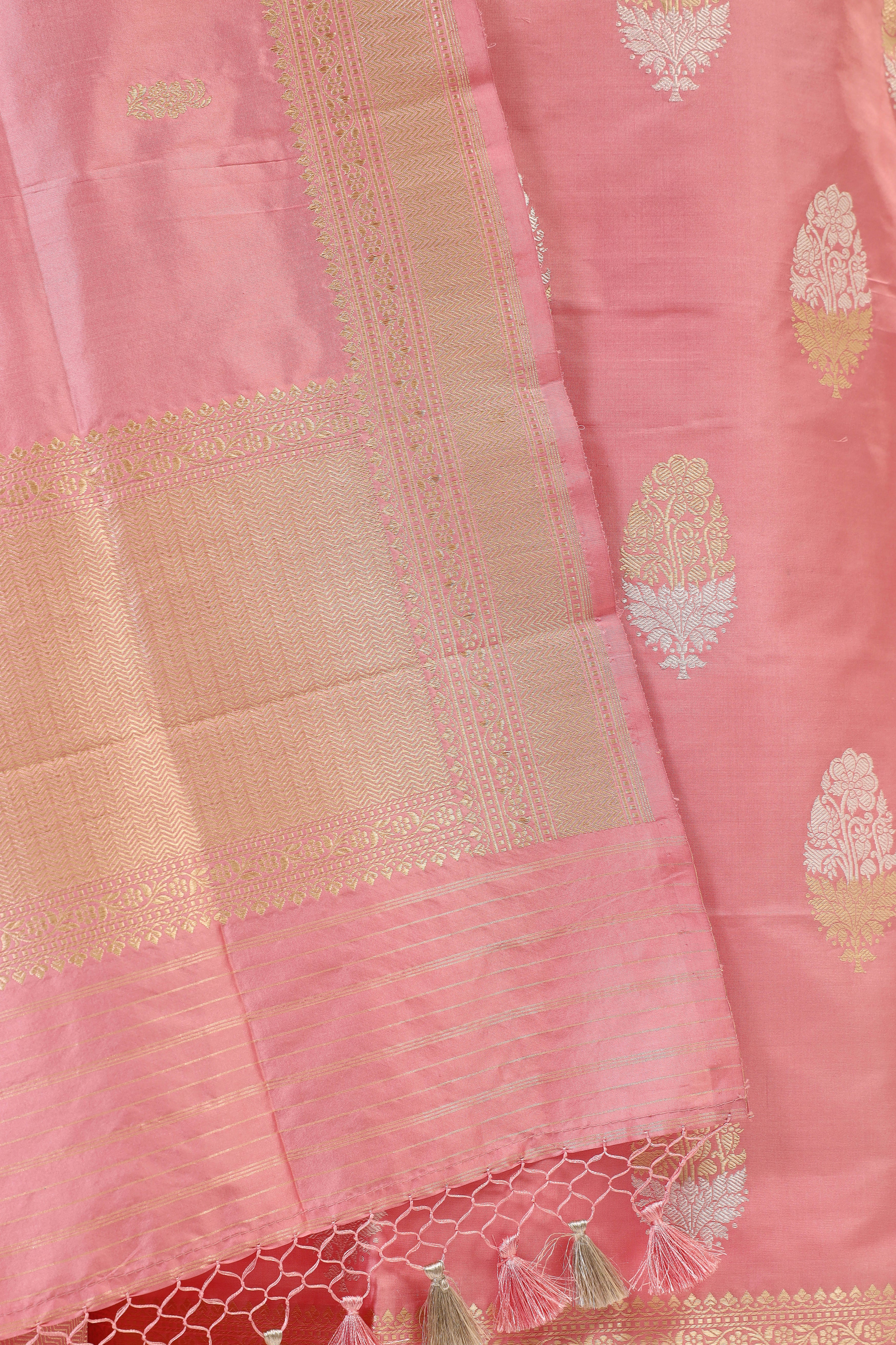 Pastel Pink Katan Silk Suit Set With Handwoven Dupatta