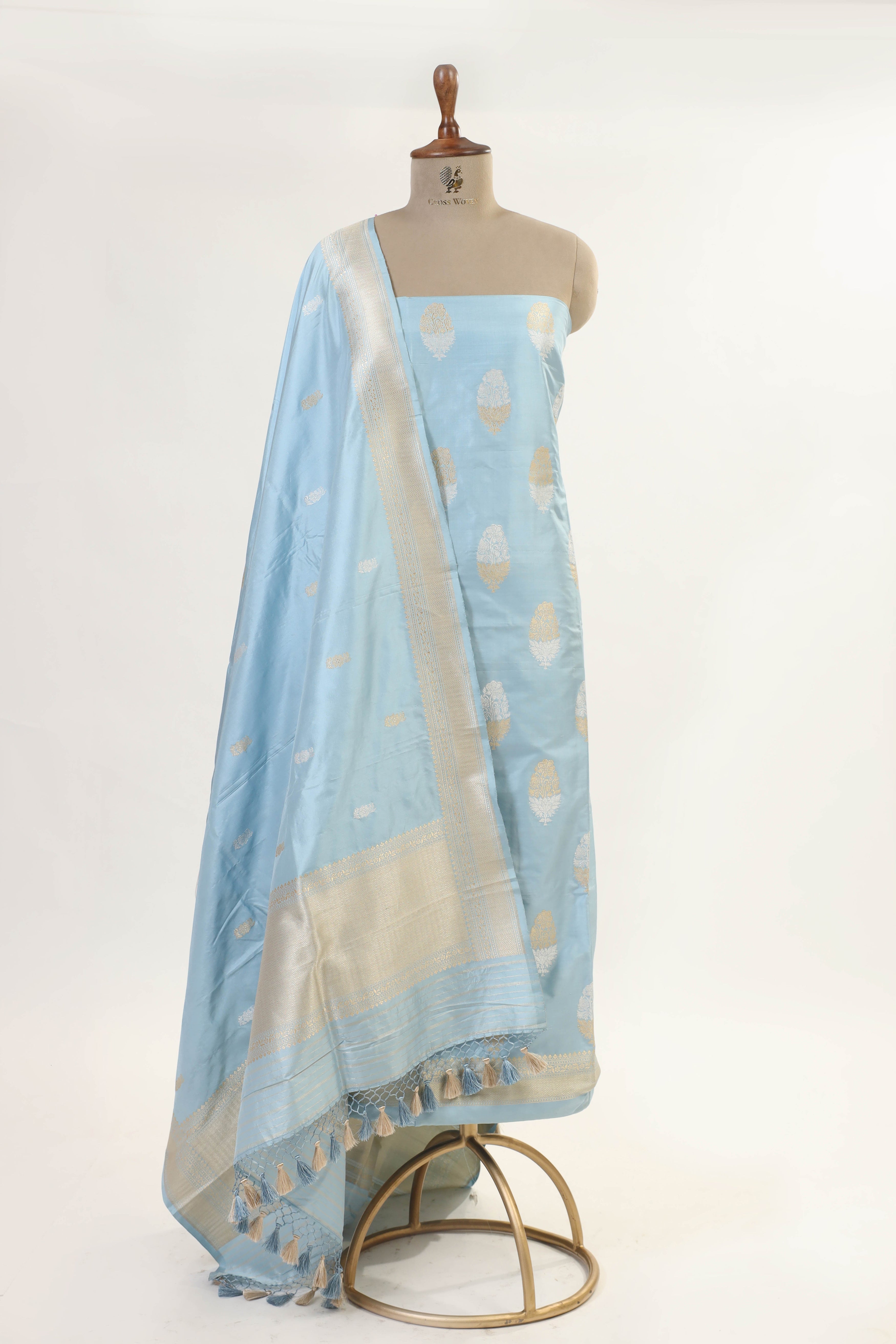 Powder Blue Katan Silk Suit Set With Handwoven Dupatta