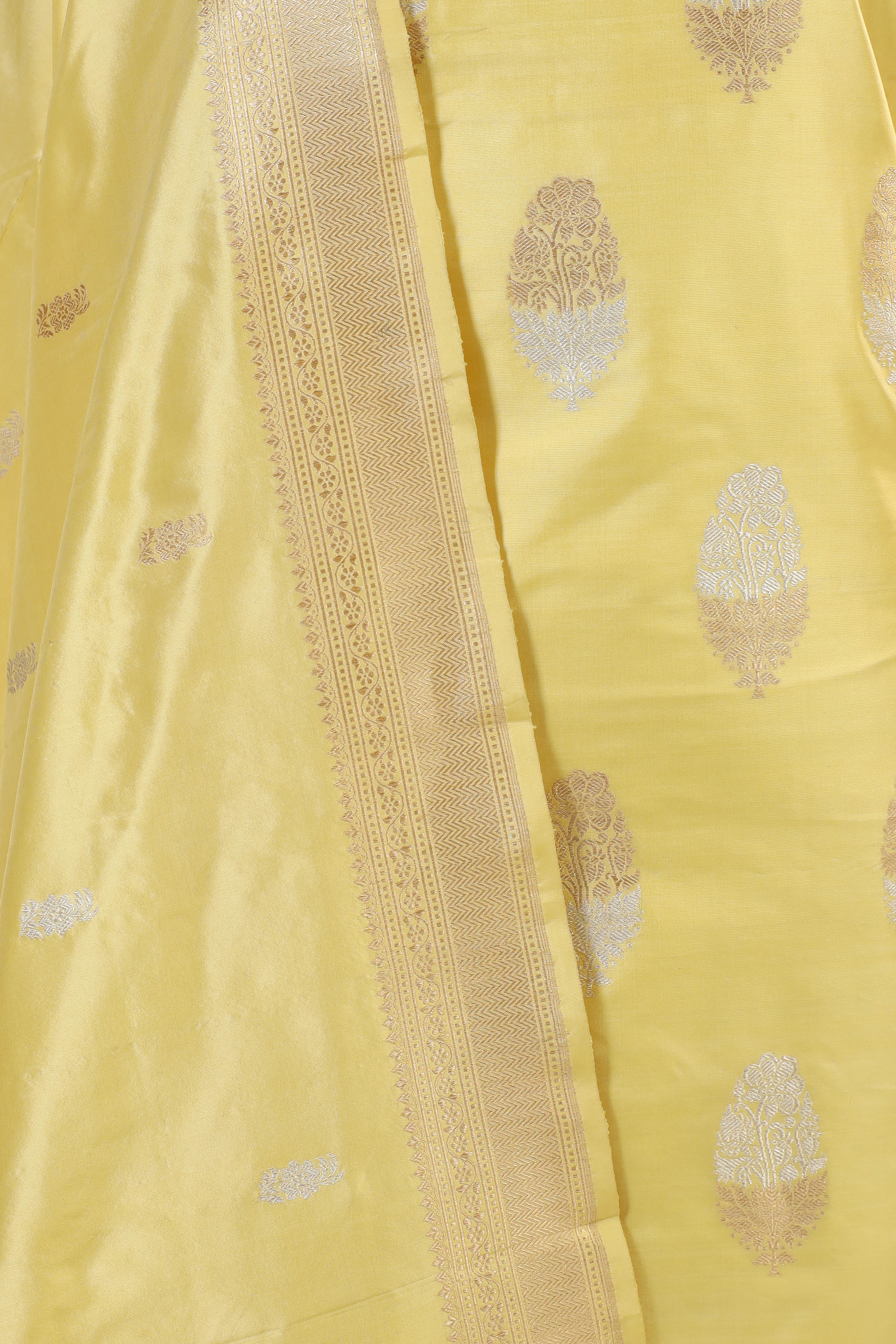 Pastel Yellow Katan Silk Suit Set With Handwoven Dupatta