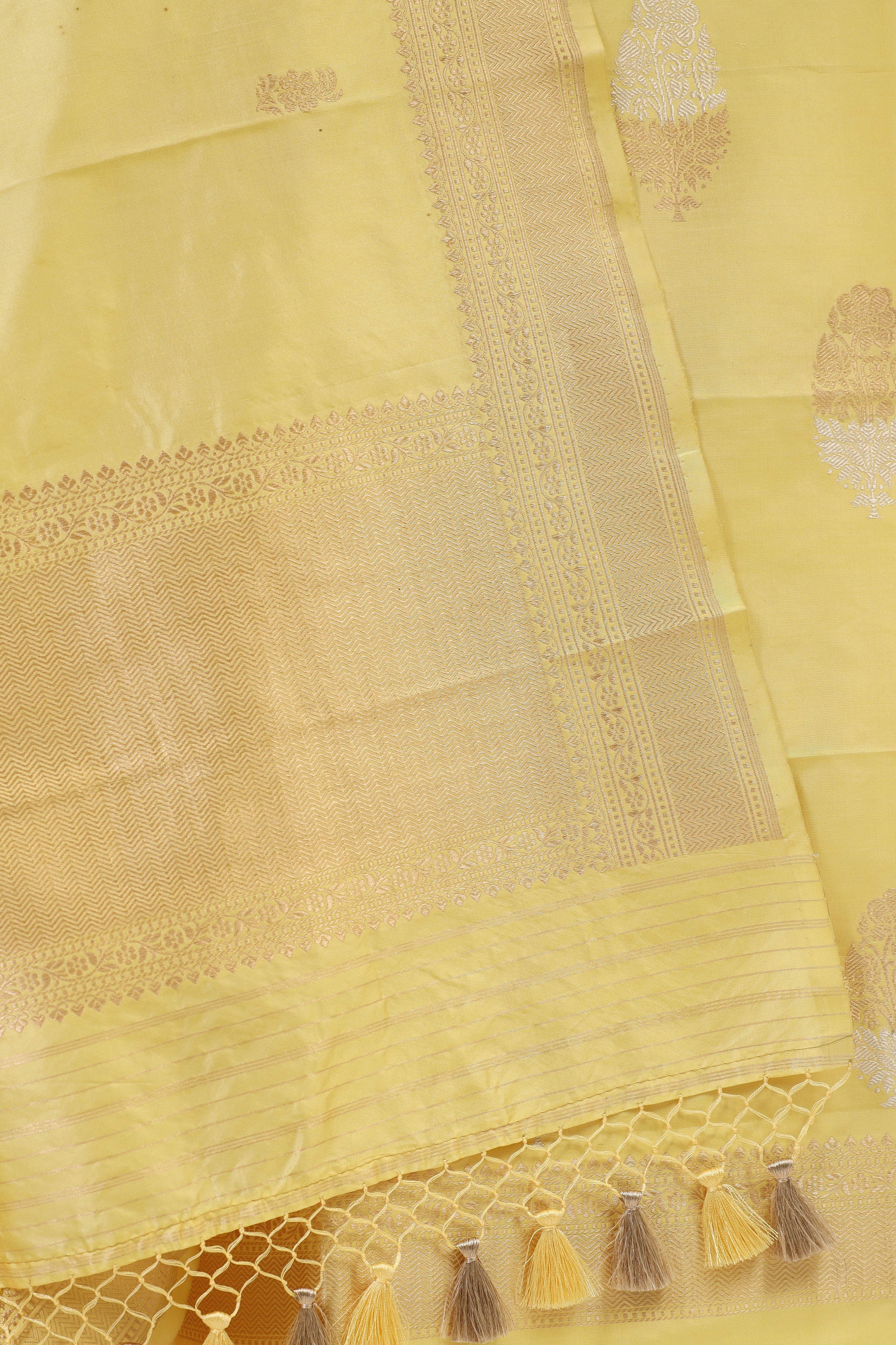 Pastel Yellow Katan Silk Suit Set With Handwoven Dupatta