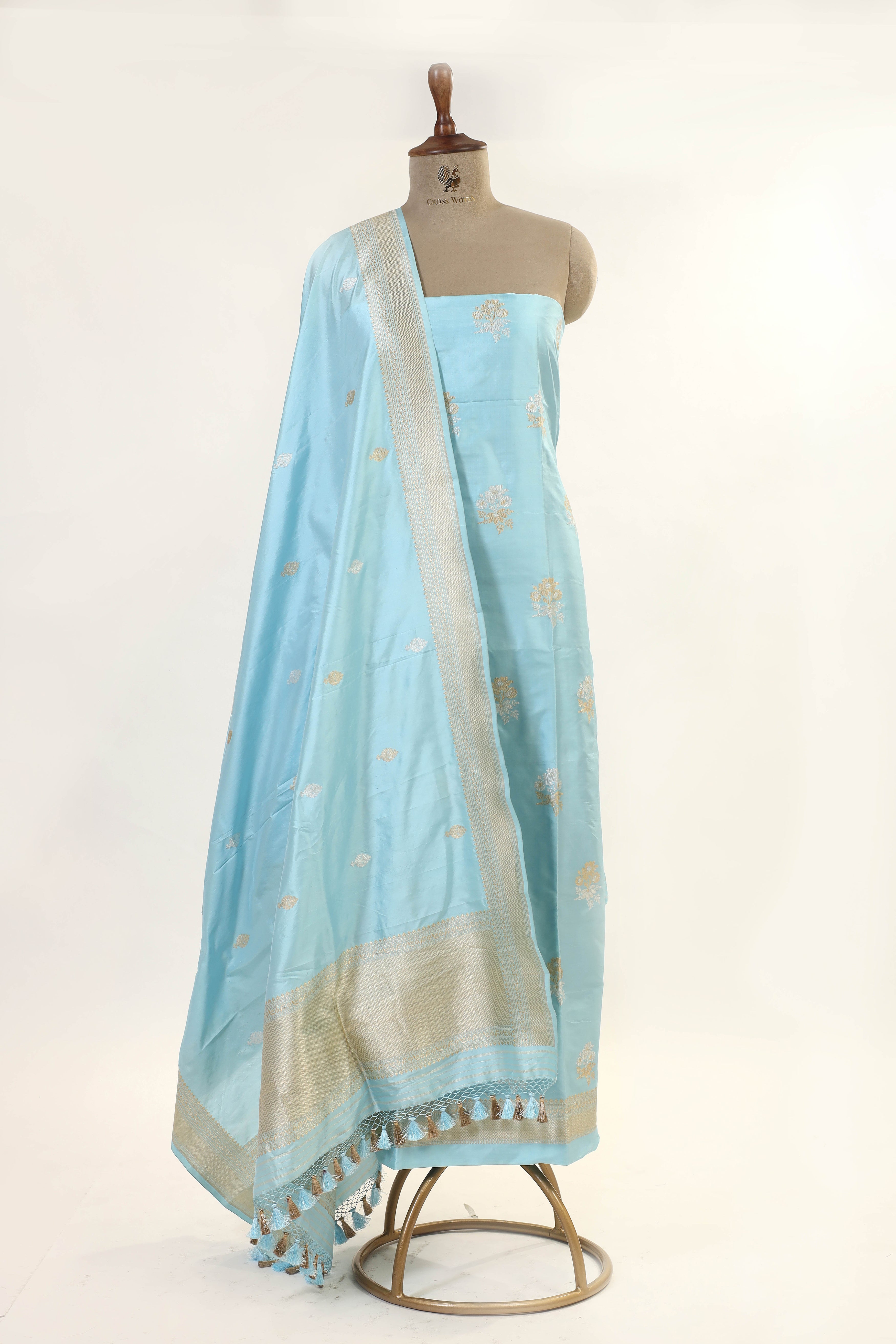 Pastel Blue Katan Silk Suit Set With Handwoven Dupatta
