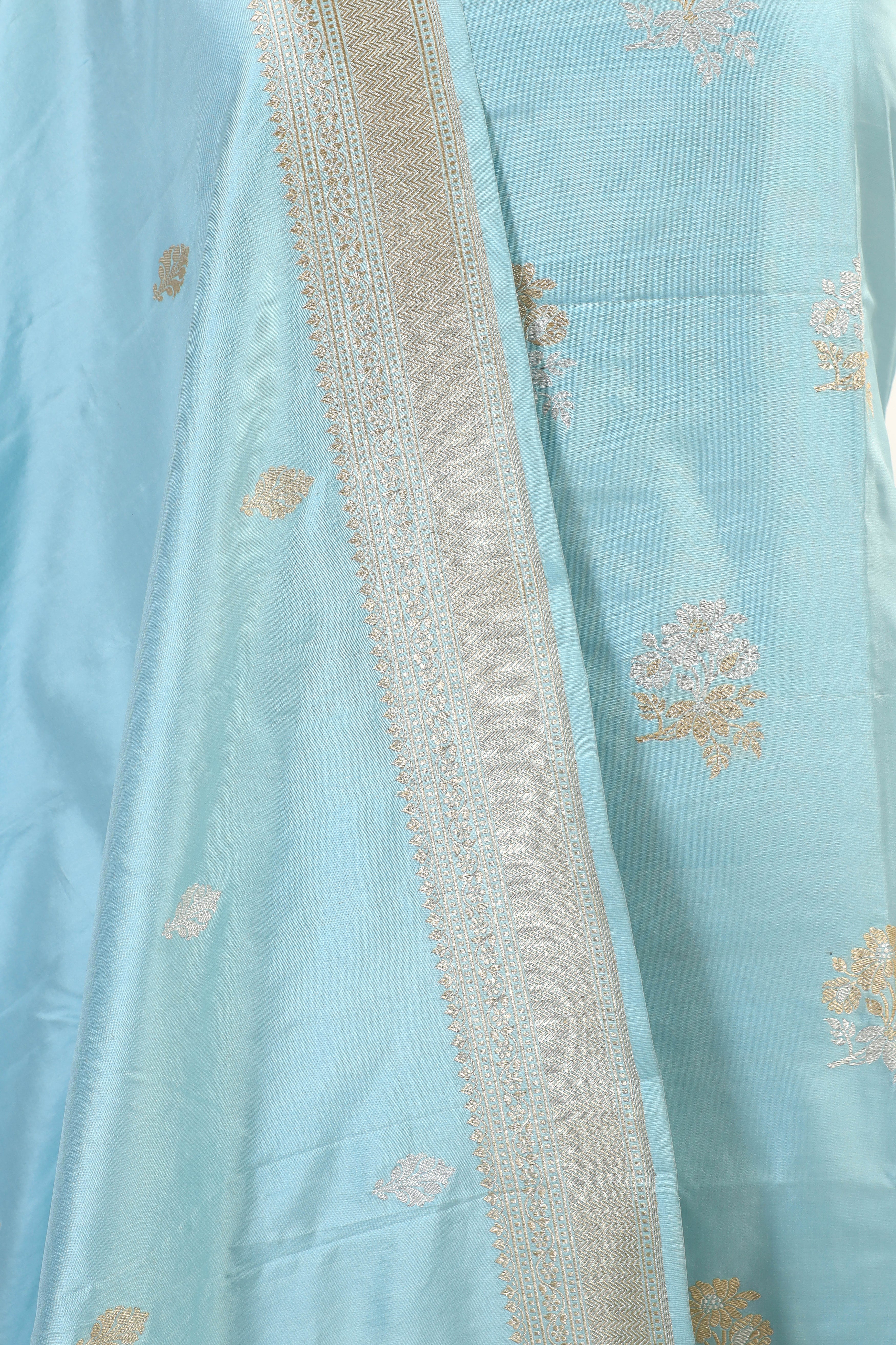 Pastel Blue Katan Silk Suit Set With Handwoven Dupatta