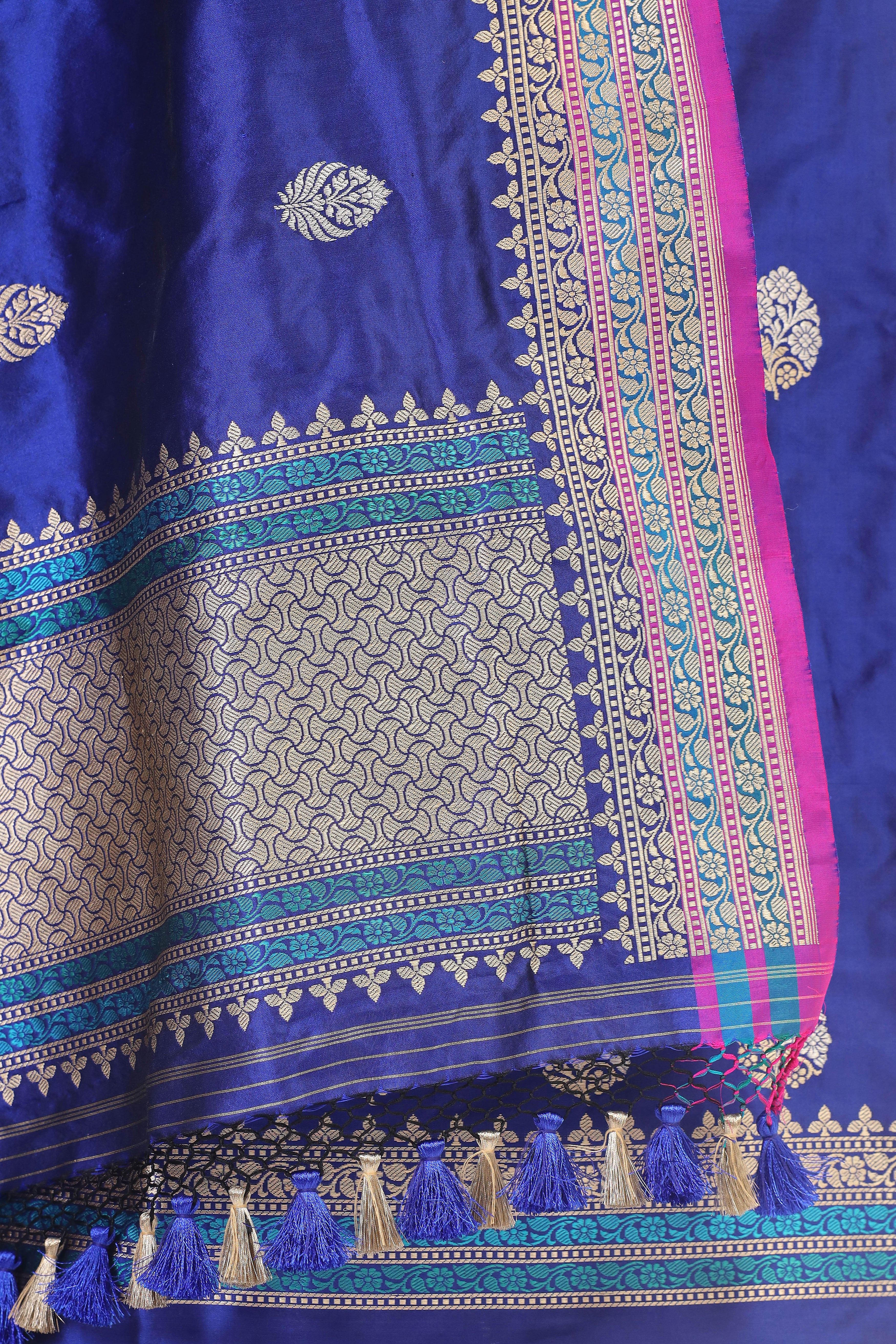 Royal Blue Katan Silk Suit Set With Sona Rupa Floral Motifs