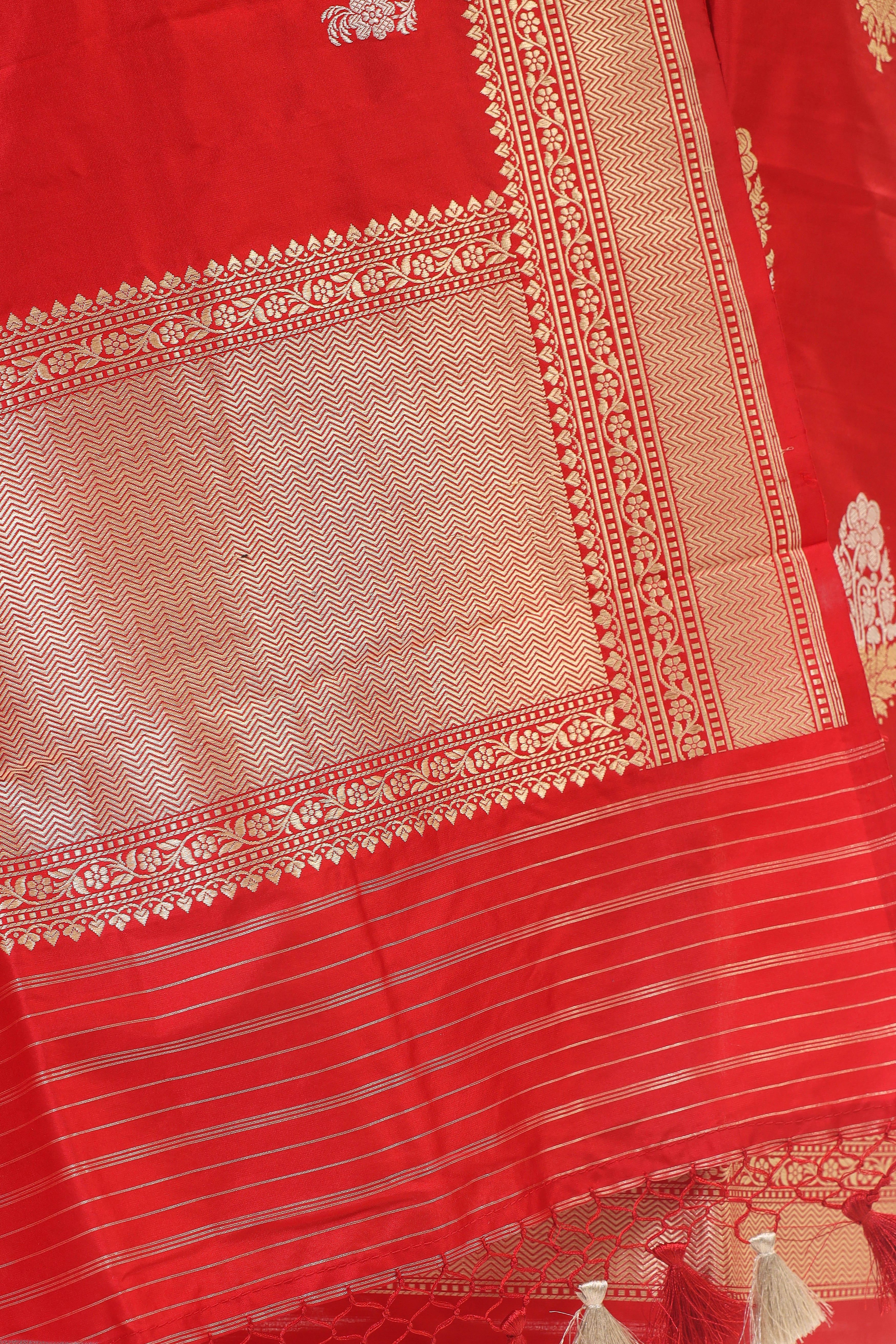 Red Katan Silk Suit Set With Handwoven Dupatta