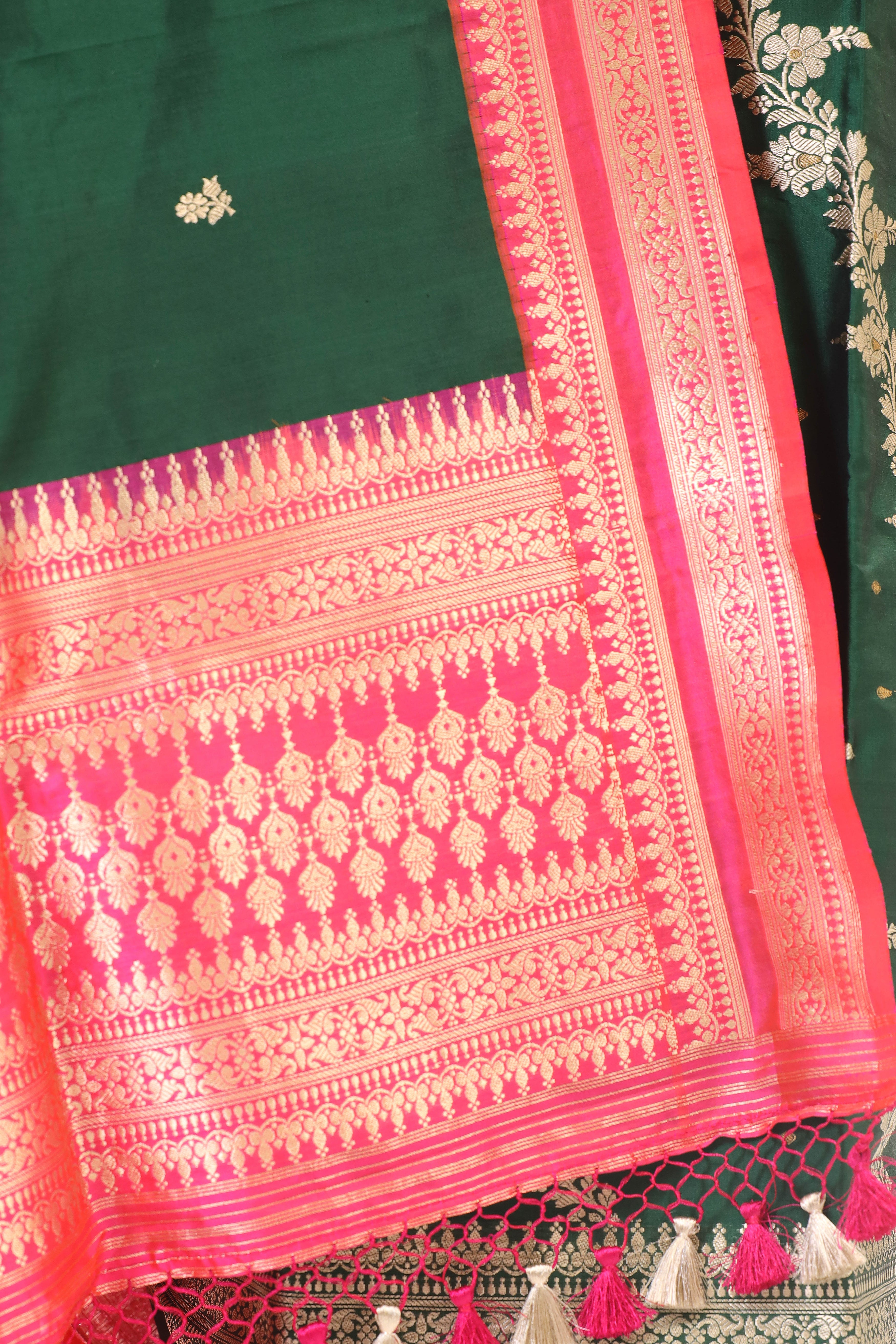 Bottle Green Katan Silk Suit with Kadhwa Zari Weaving & Contrast Border Dupatta