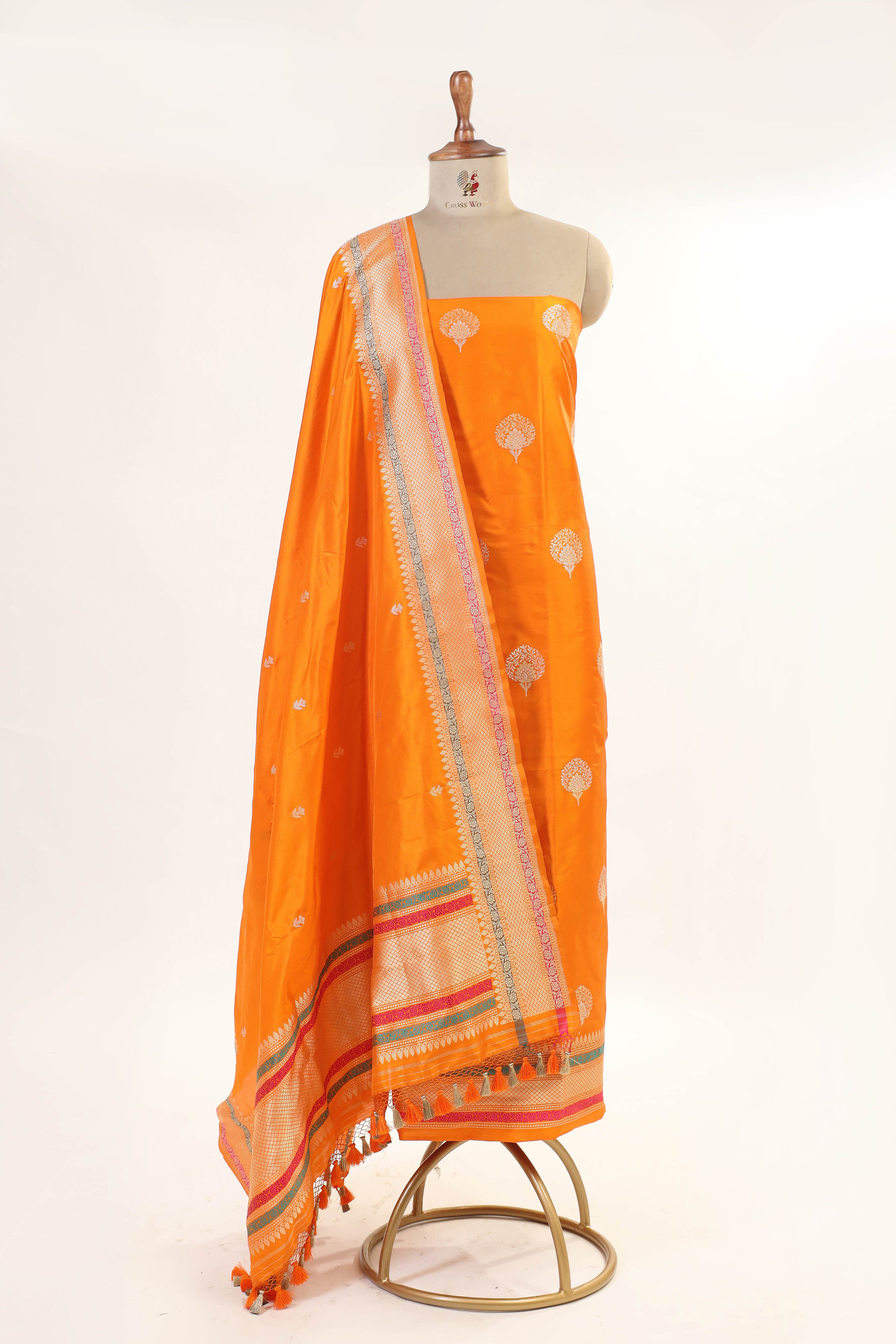 Orange Katan Silk Suit Set With Kadhwa Weaving Dupatta