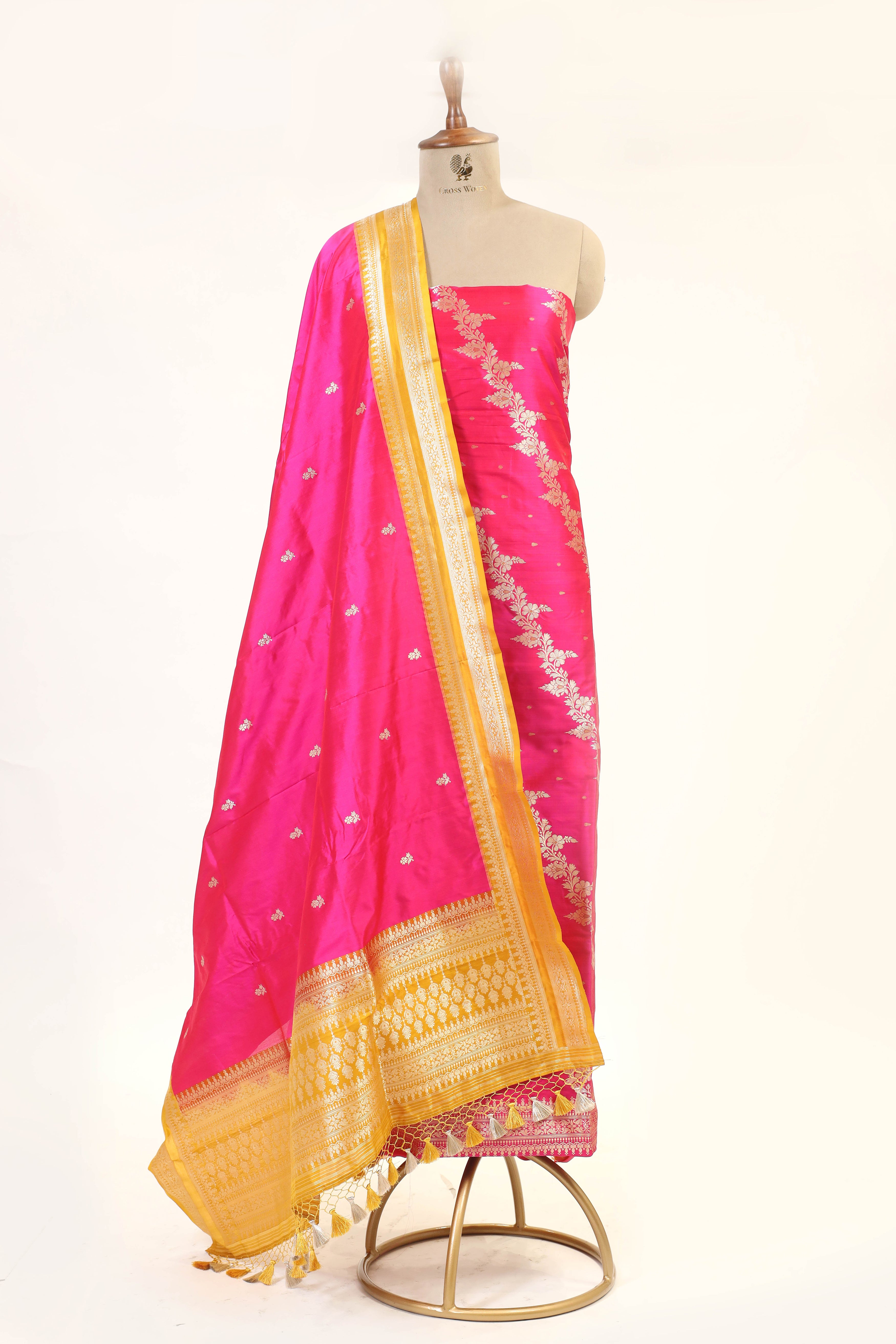 Bright Pink Katan Silk Suit with Kadhwa Zari Weaving & Contrast Border Dupatta