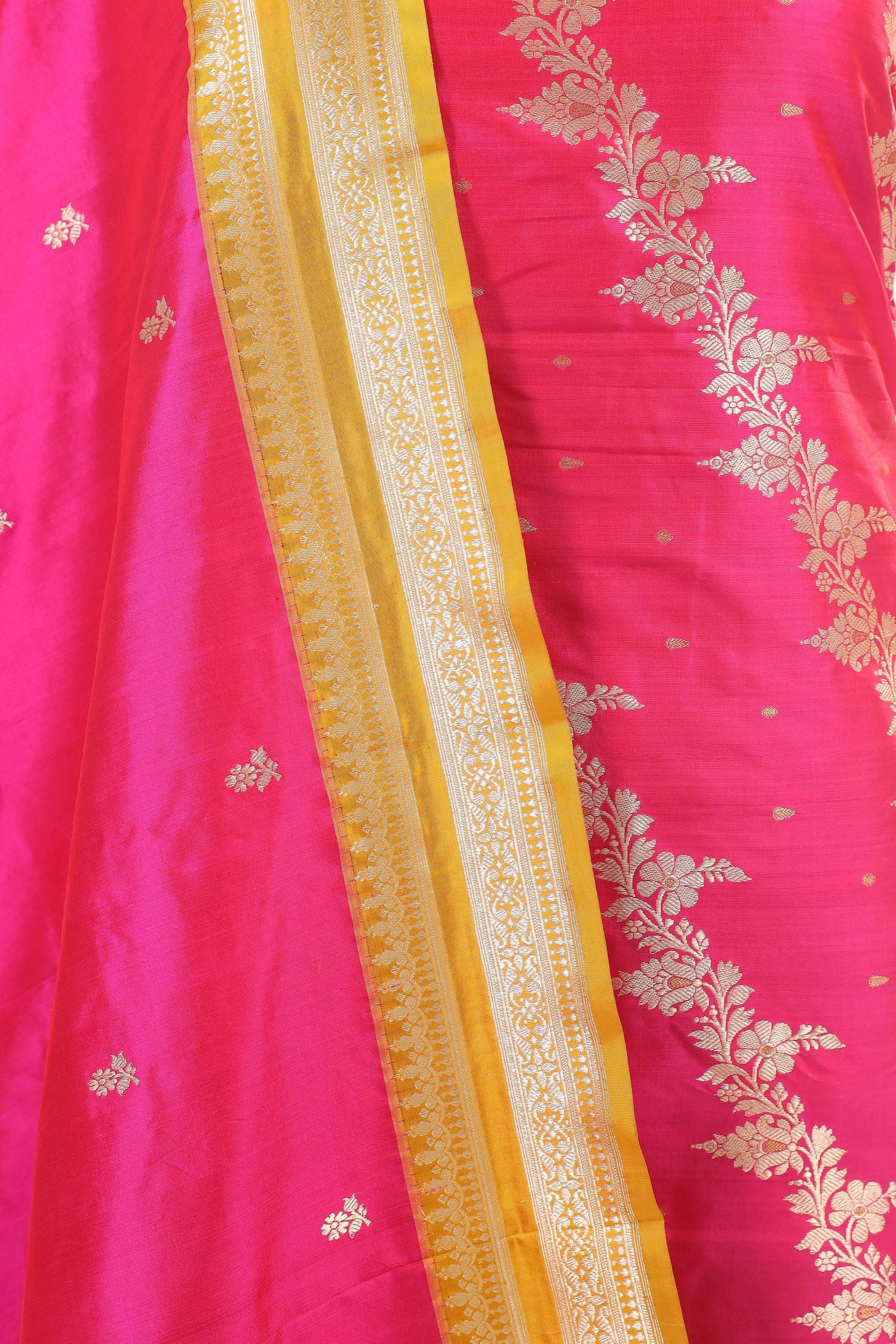 Bright Pink Katan Silk Suit with Kadhwa Zari Weaving & Contrast Border Dupatta