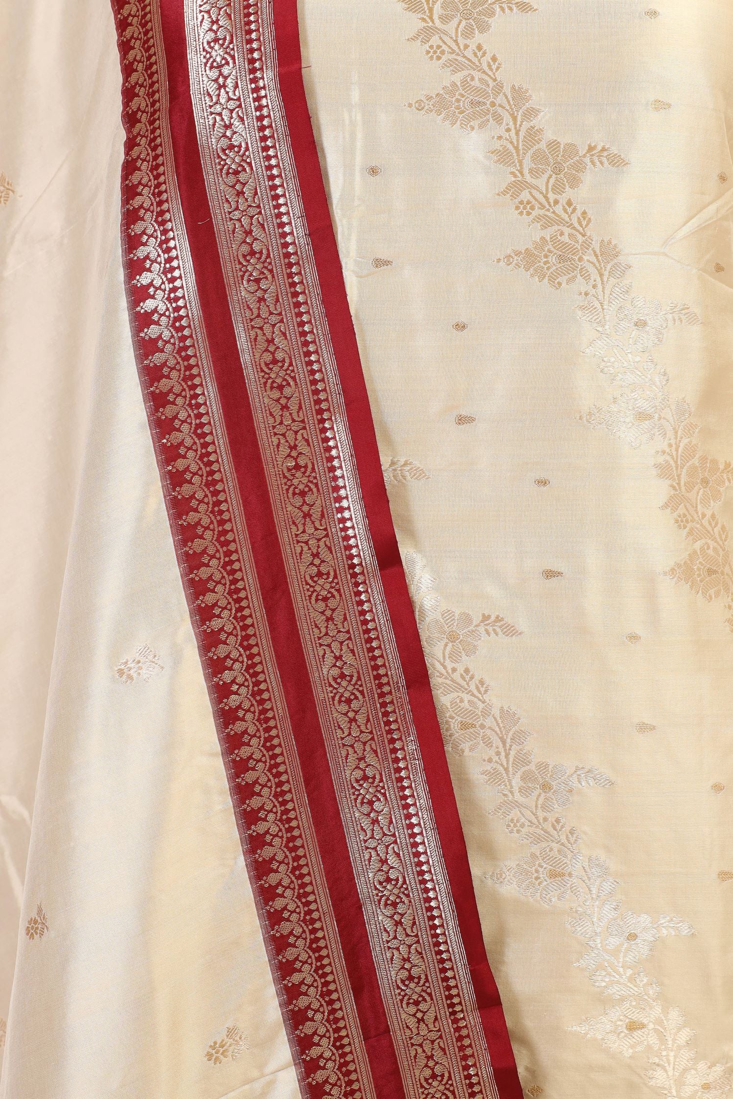 Off - White Katan Silk Suit with Kadhwa Zari Weaving & Contrast Border Dupatta