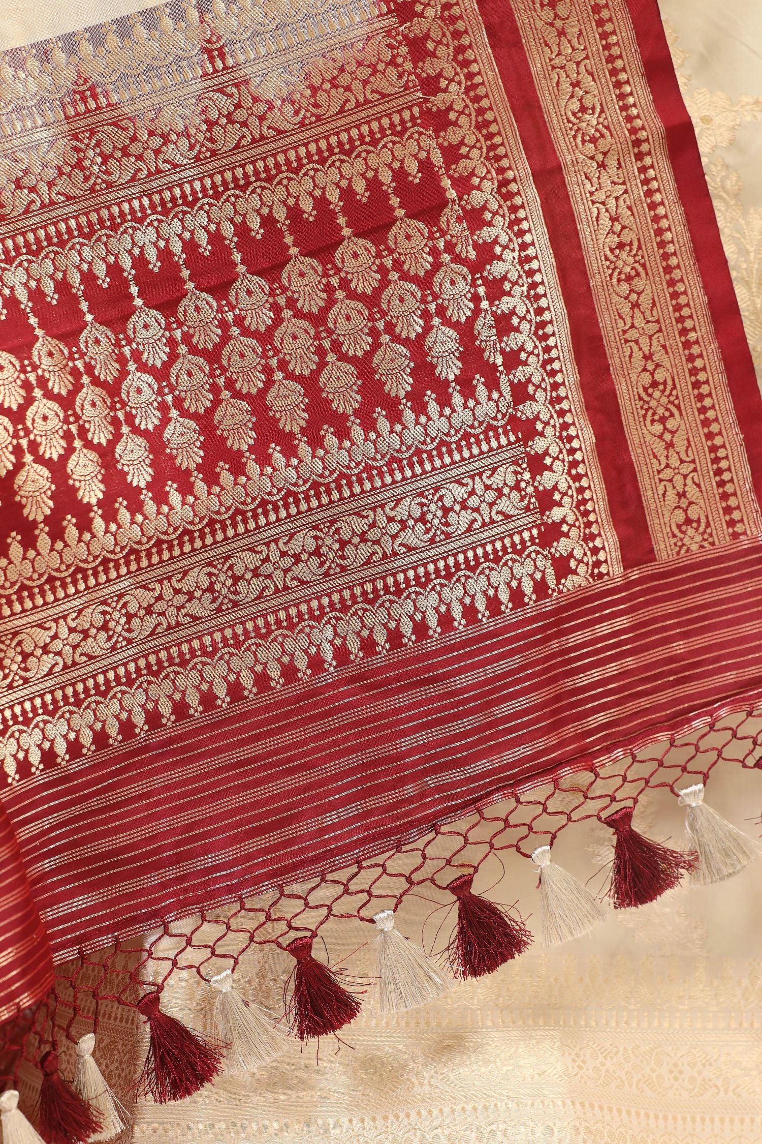 Off - White Katan Silk Suit with Kadhwa Zari Weaving & Contrast Border Dupatta