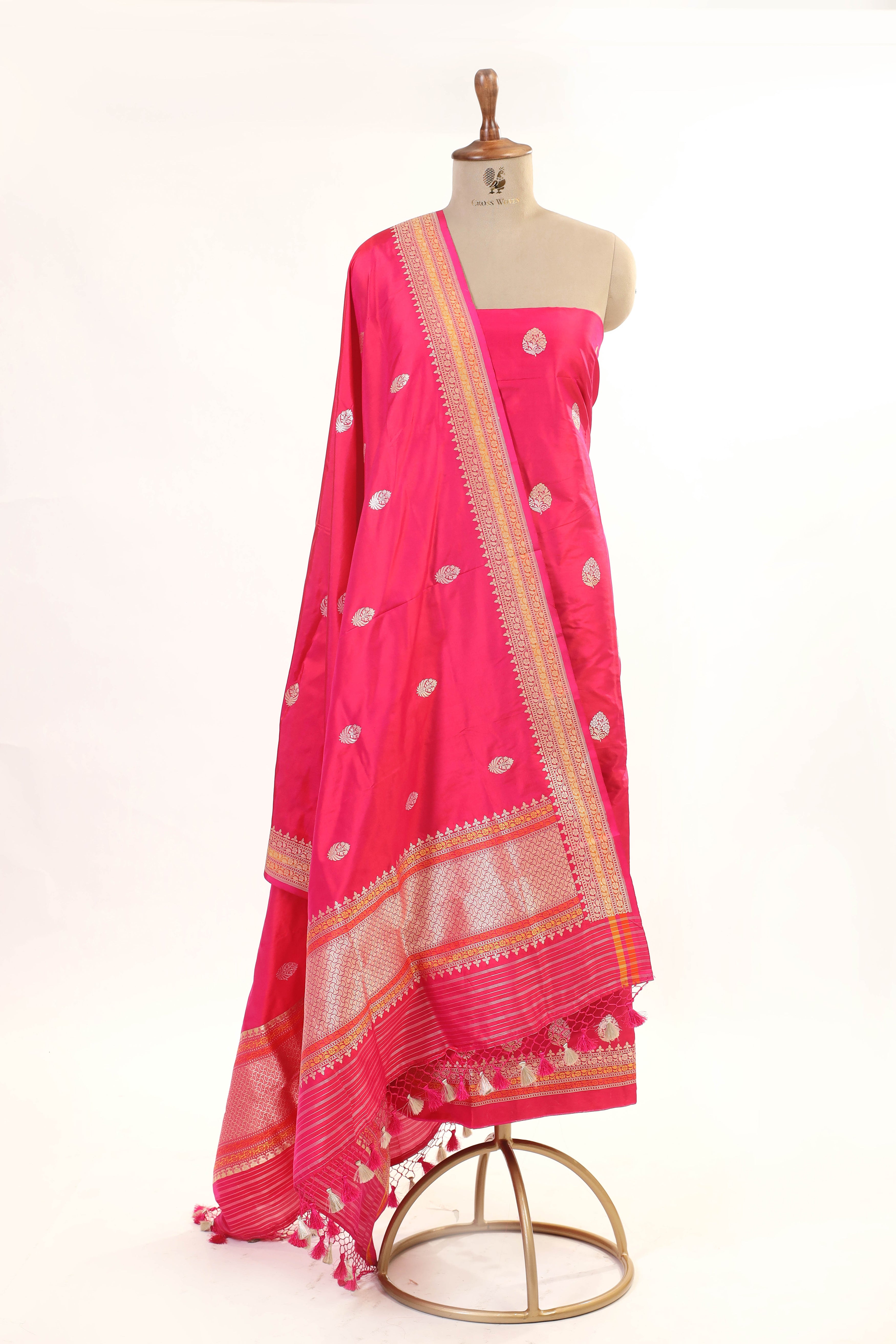 Bright Pink Katan Silk Suit Set With Kadhwa Weaving Dupatta
