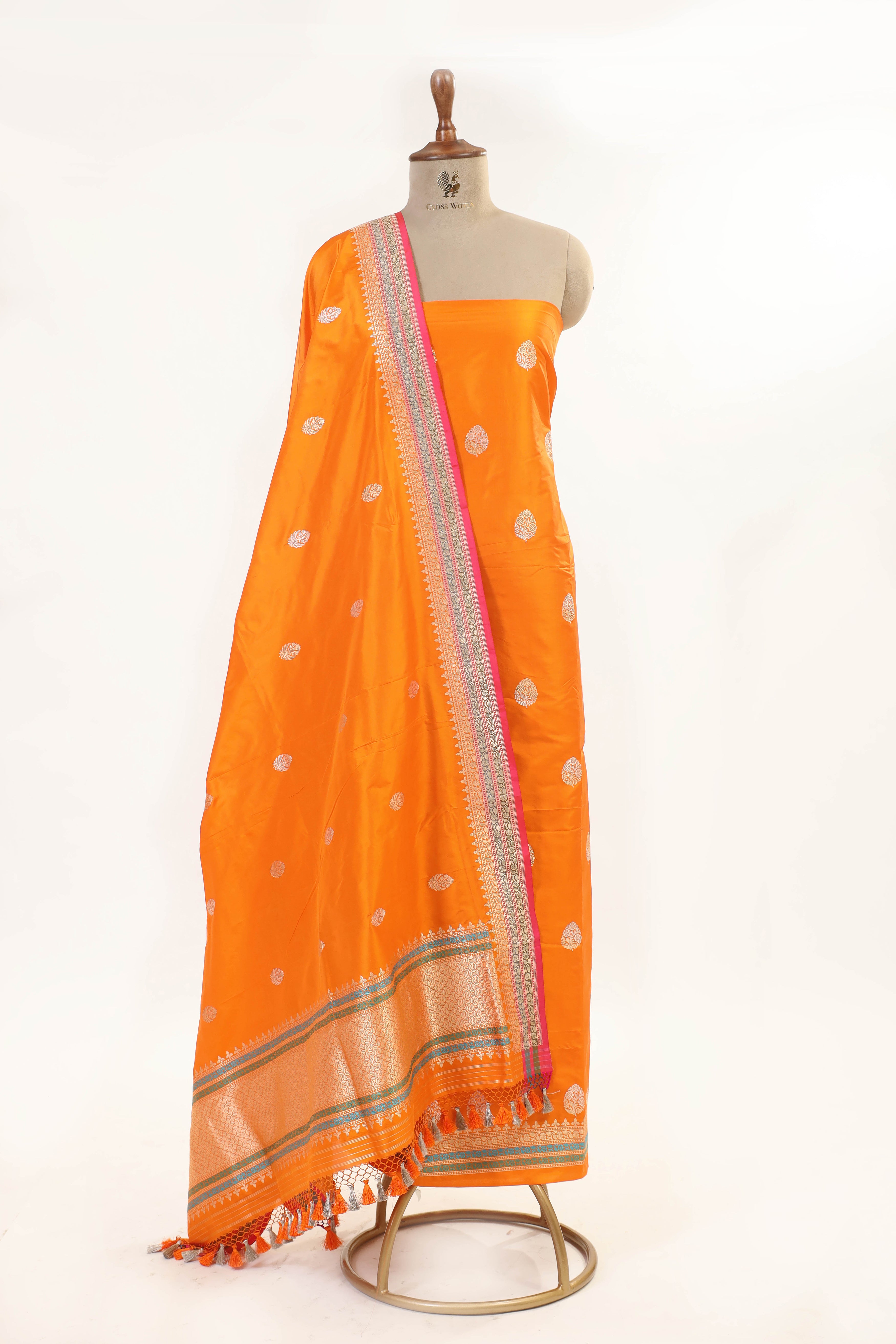 Orange Katan Silk Suit Set With Kadhwa Weaving Dupatta