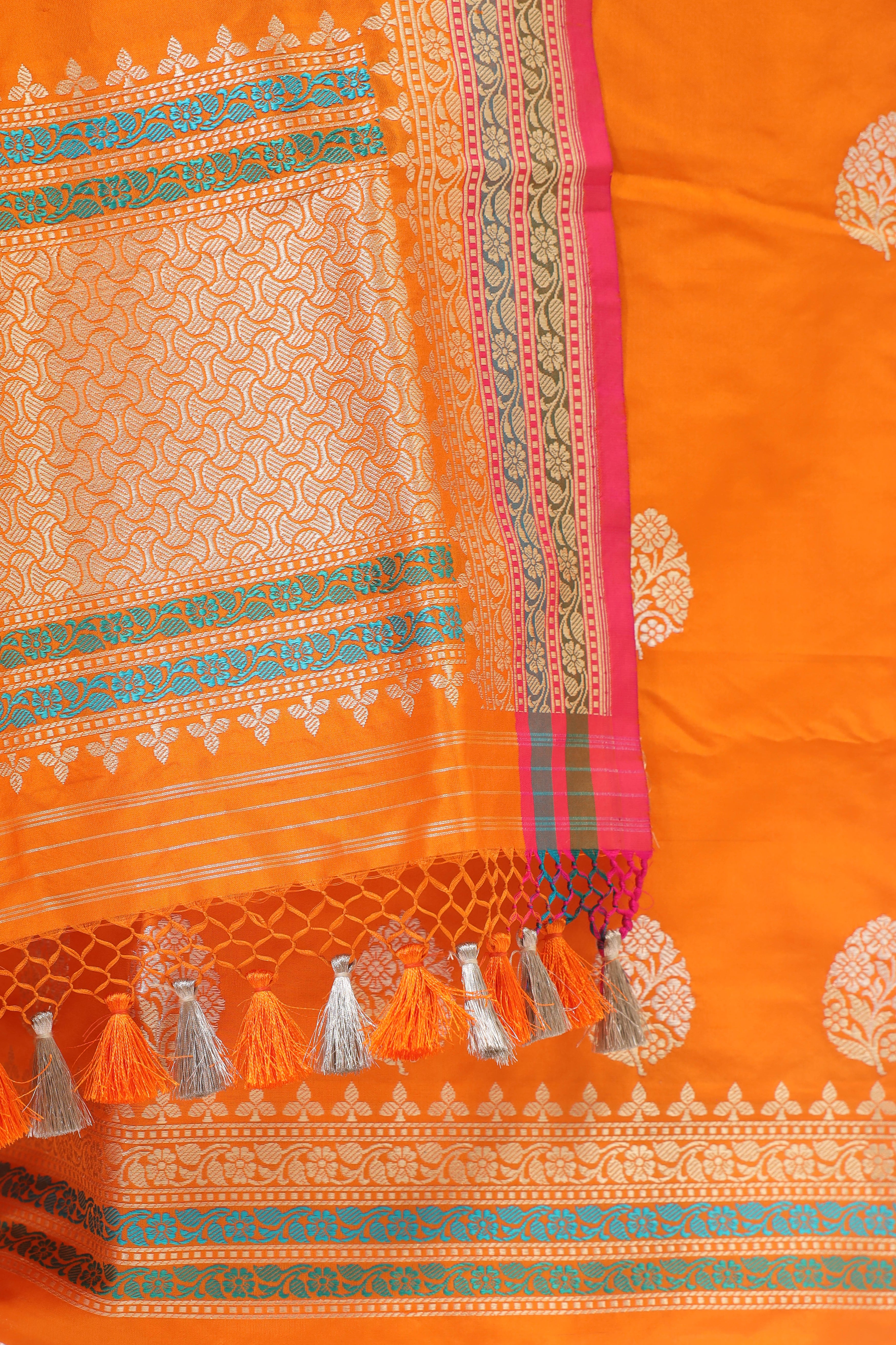 Orange Katan Silk Suit Set With Kadhwa Weaving Dupatta