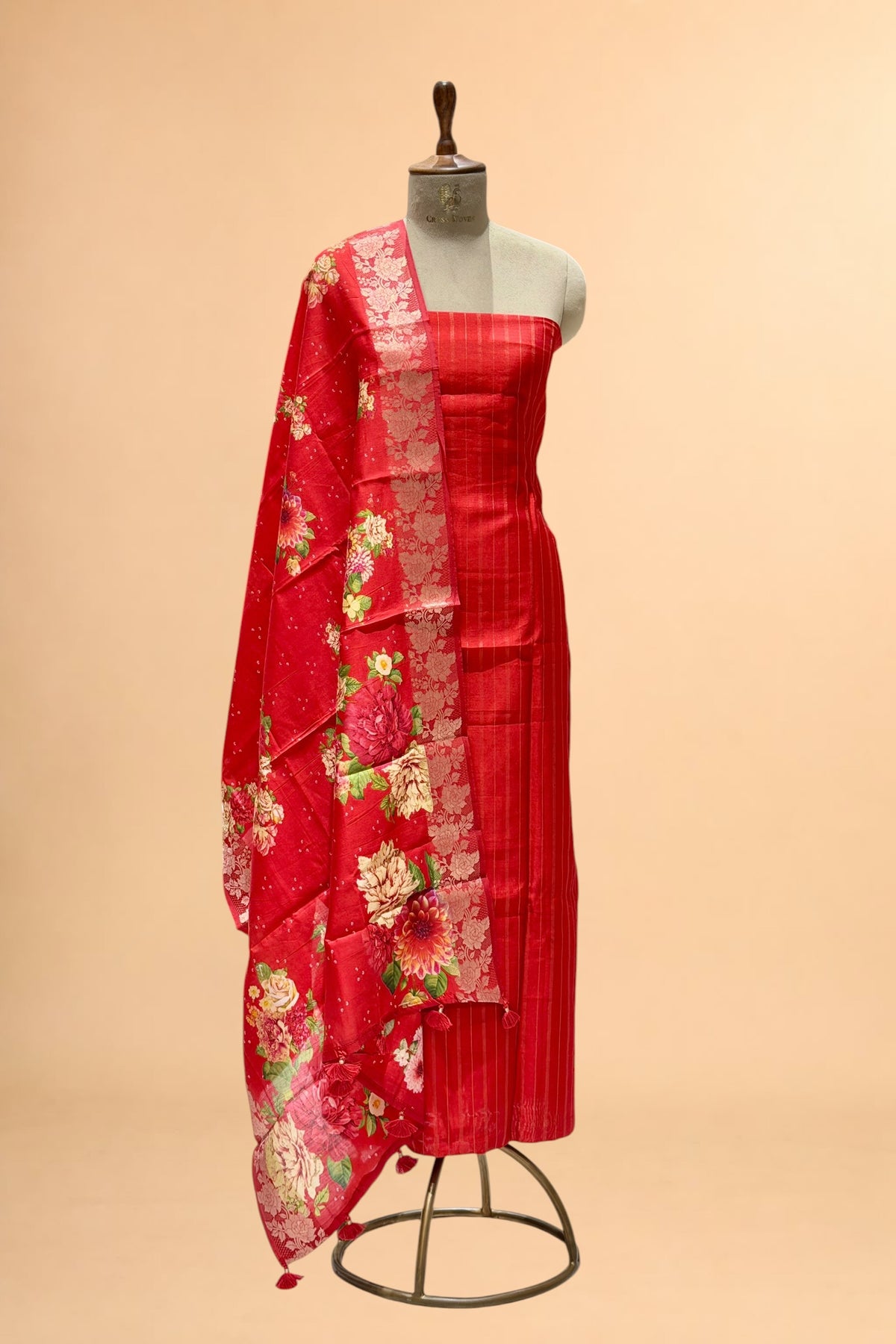 Red Chiniya Silk Suit Set With Printed Chiniya Silk Dupatta