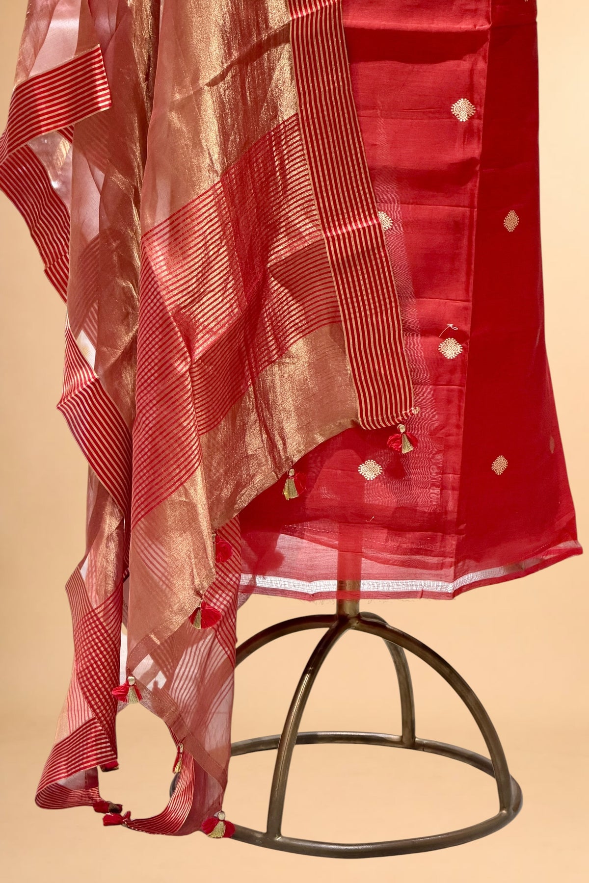 Red Pure Chanderi Silk Suit Set With Tissue Stripe Dupatta