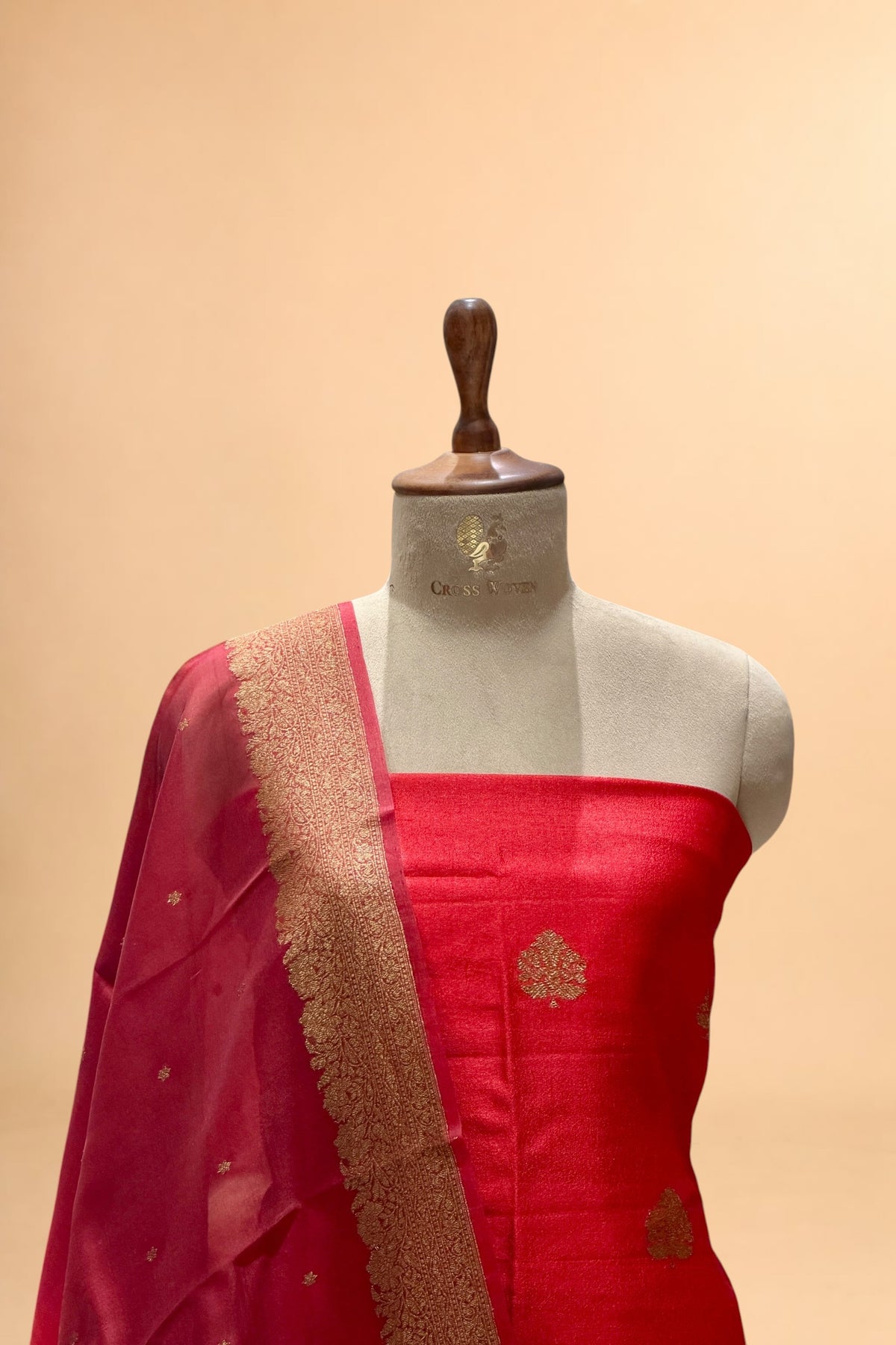 Red Tusser Antique Zari Suit Set With Ombré Dye Organza Dupatta