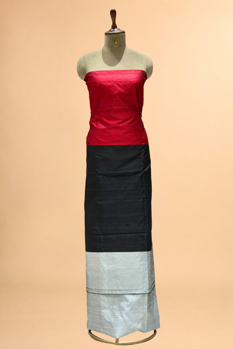 Ruby Red Black & Silver Grey Colour-Blocked Raw Silk Co-Ord Set