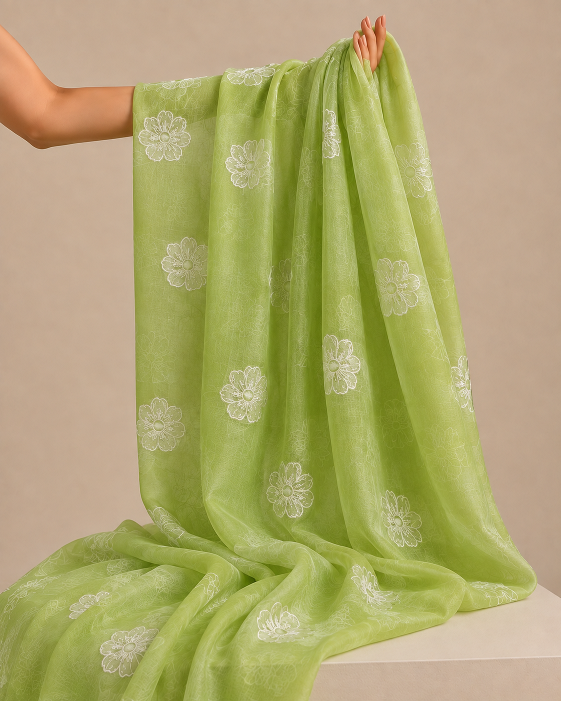Green Mul Fabric Floral Embroidered Motif