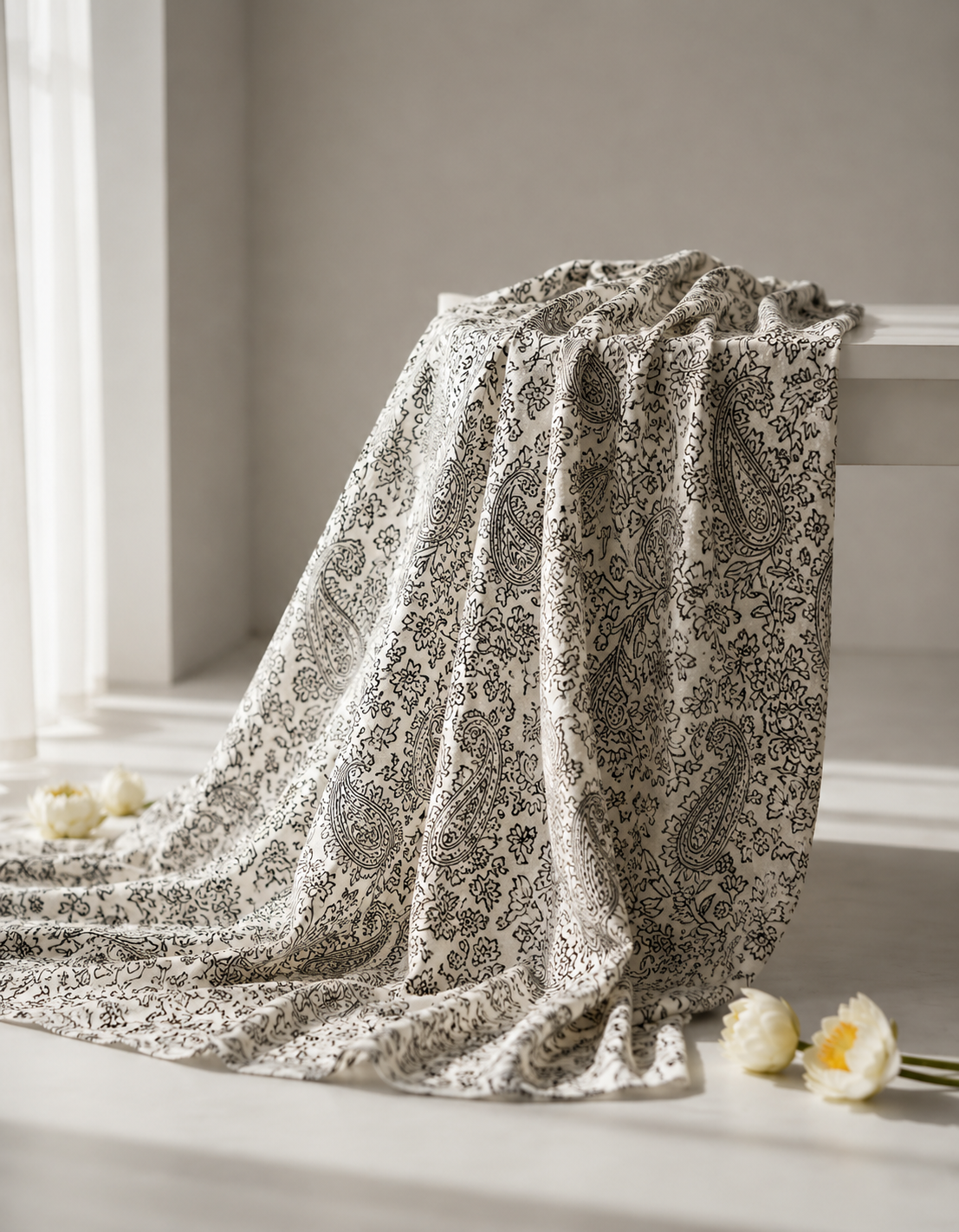 Pure Chanderi Silk Fabric With Black Hand Block Prints