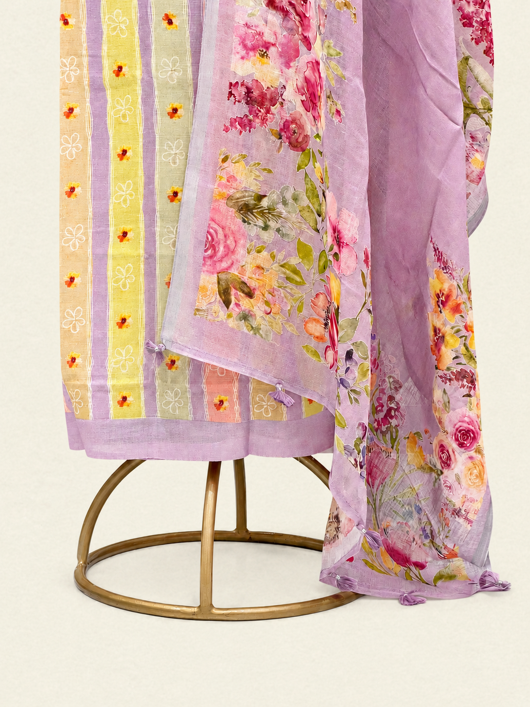 Pastel Stripe Pure Linen Suit Set with Floral Print Dupatta