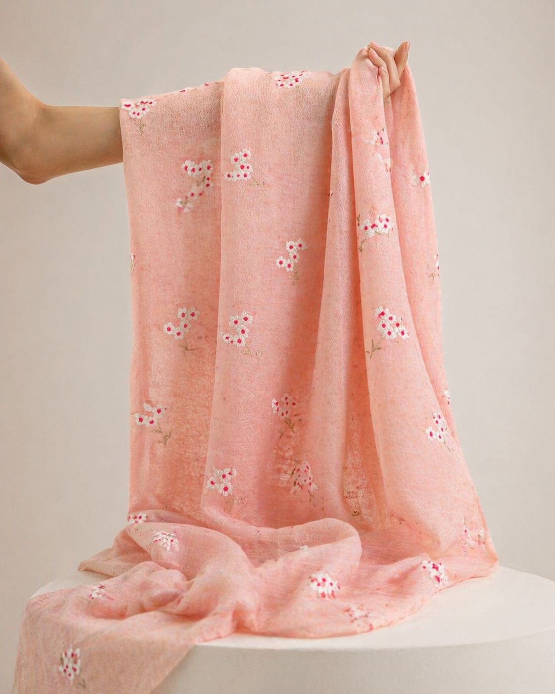 Blush Pink Mul Fabric with Floral Embroidered Motif