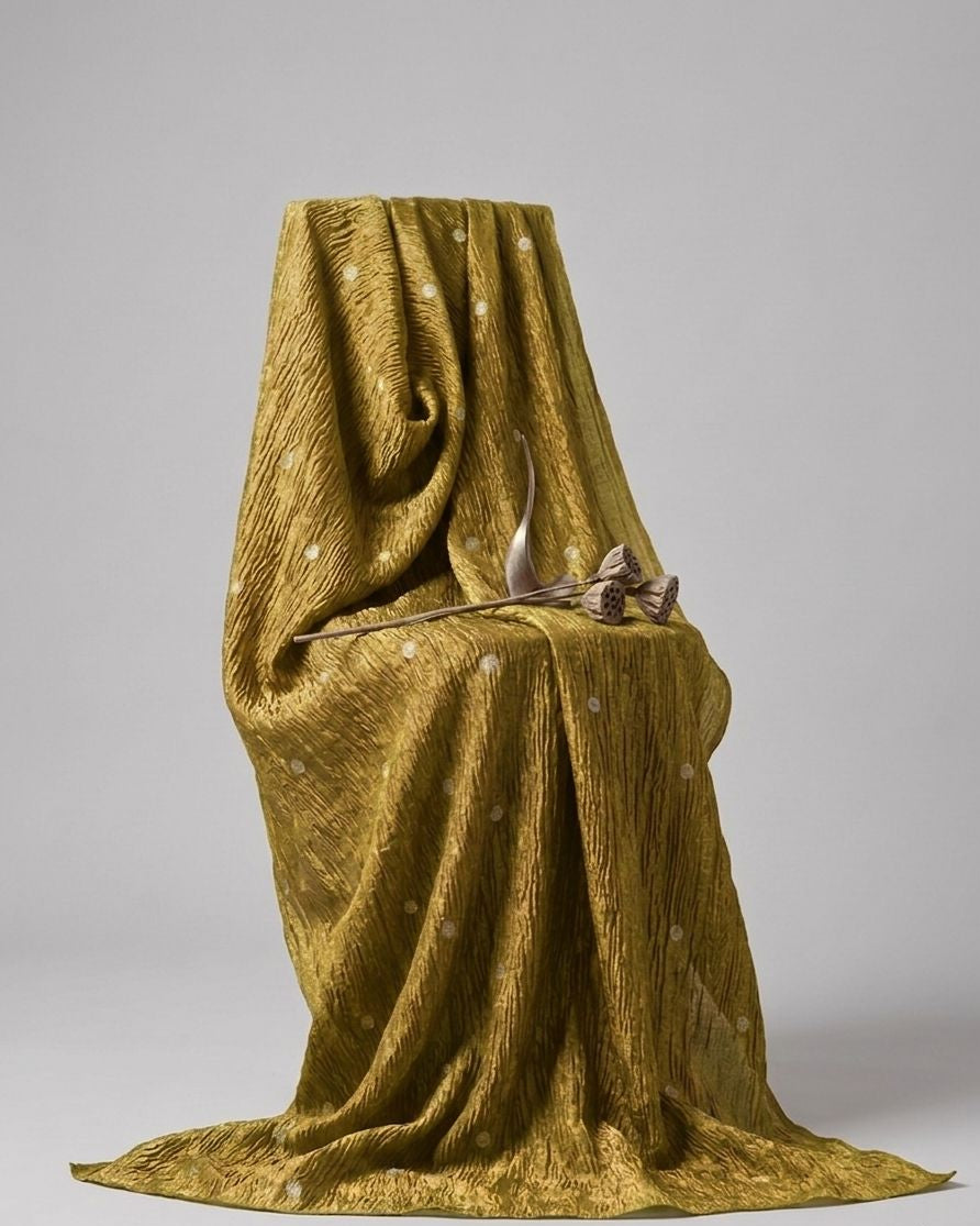 Olive Gold Crush Tissue Fabric with Gold Zari Polka Motifs