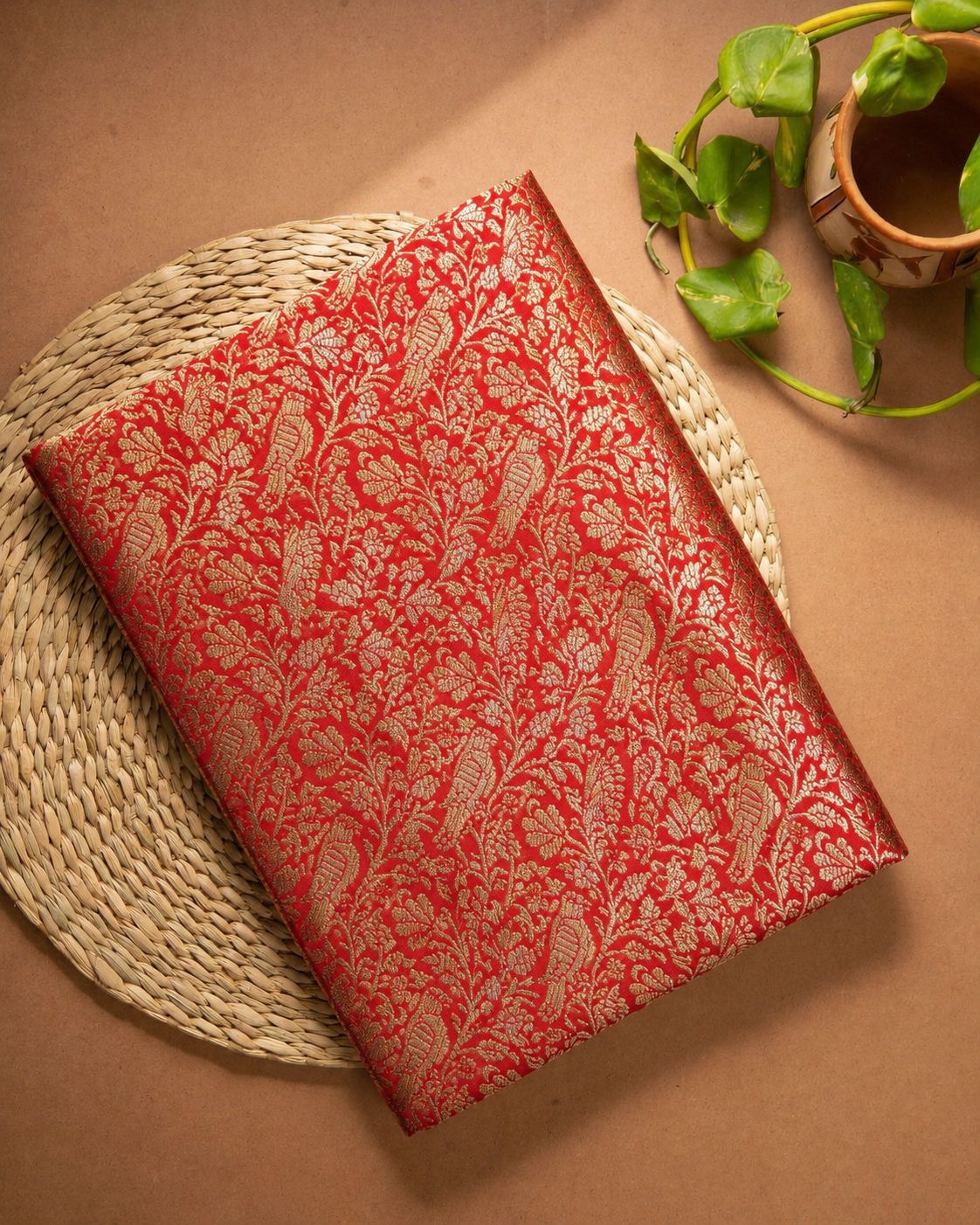 Red Brocade Katan Silk Handloom Fabric