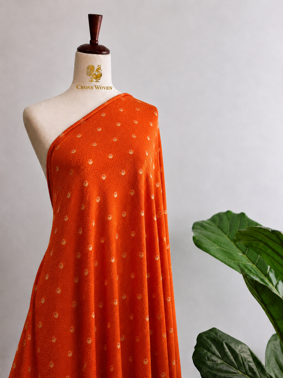 Deep Orange Soft Silk Fabric with Textured Weave & Meenakari Floral Bootis