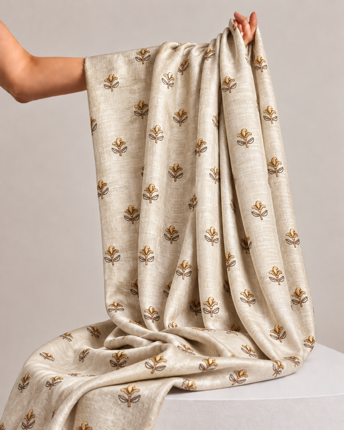 Ivory-Beige Pure Tussar Natural Floral Embroidered Fabric