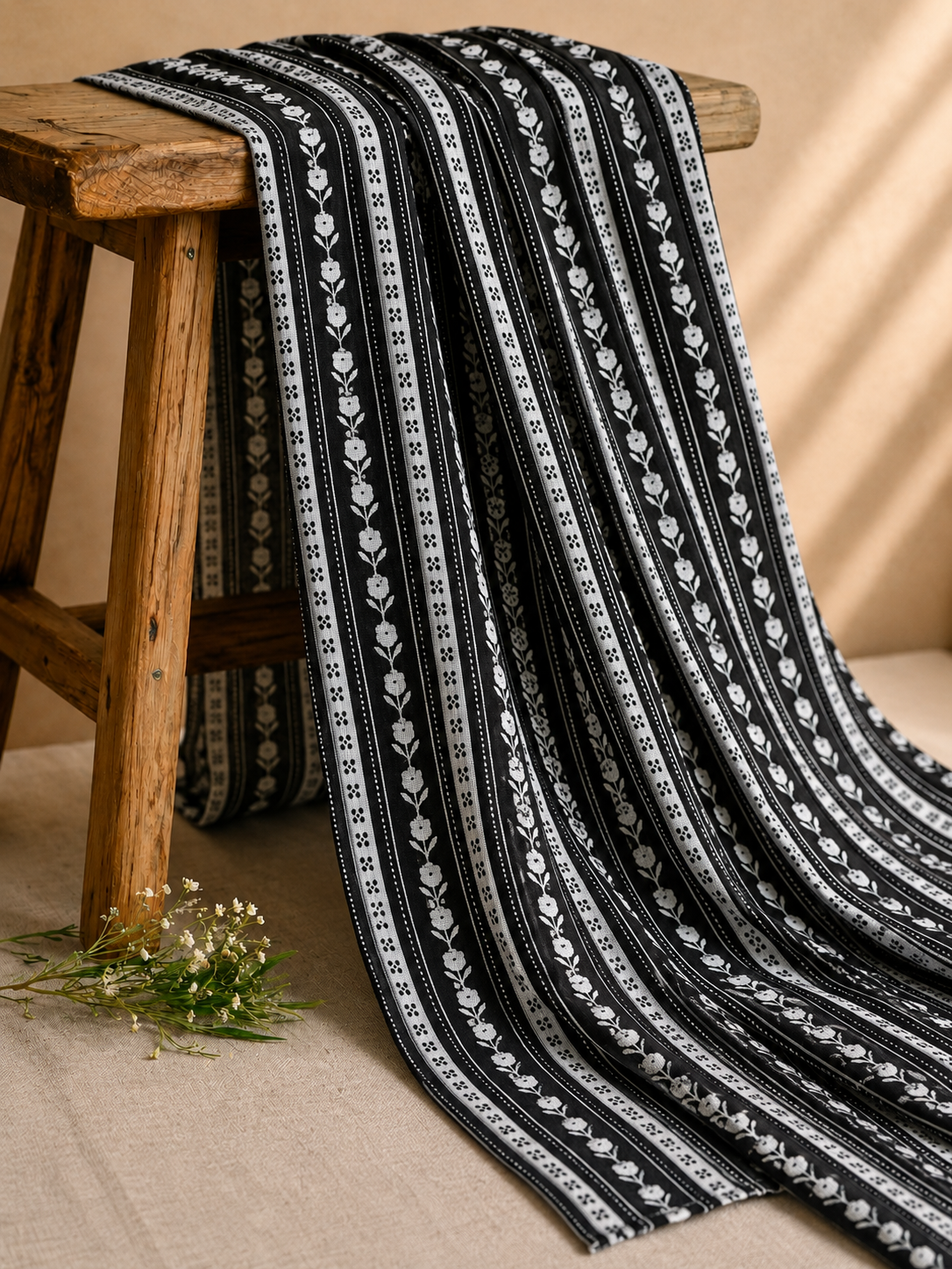 Black Linen Printed Fabric with Floral Stripe Motifs